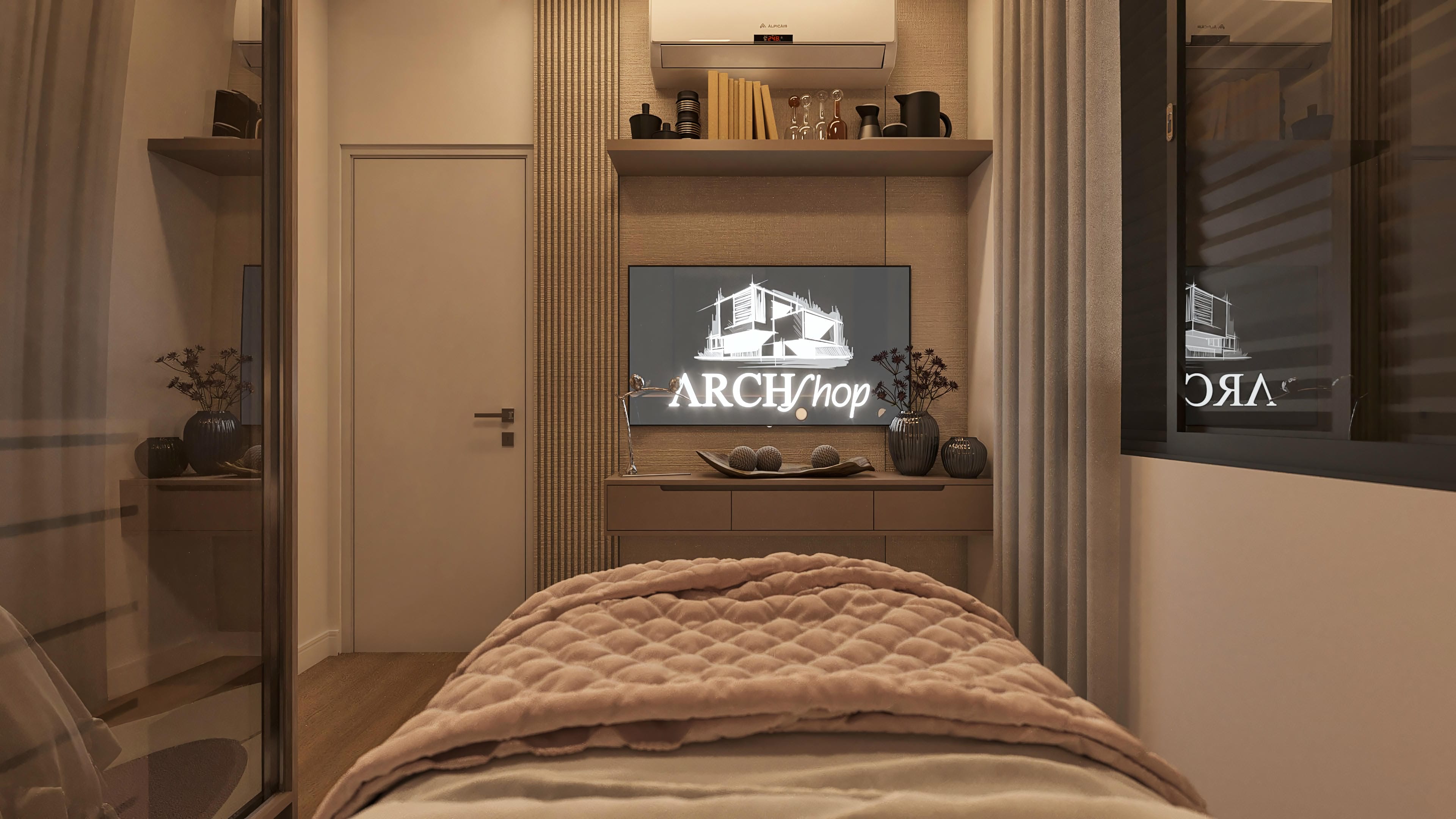 Interior detail with modern decoration elements, including a discrete air conditioner, slatted panel, shelves with decorative objects, and a door with minimalist handles.