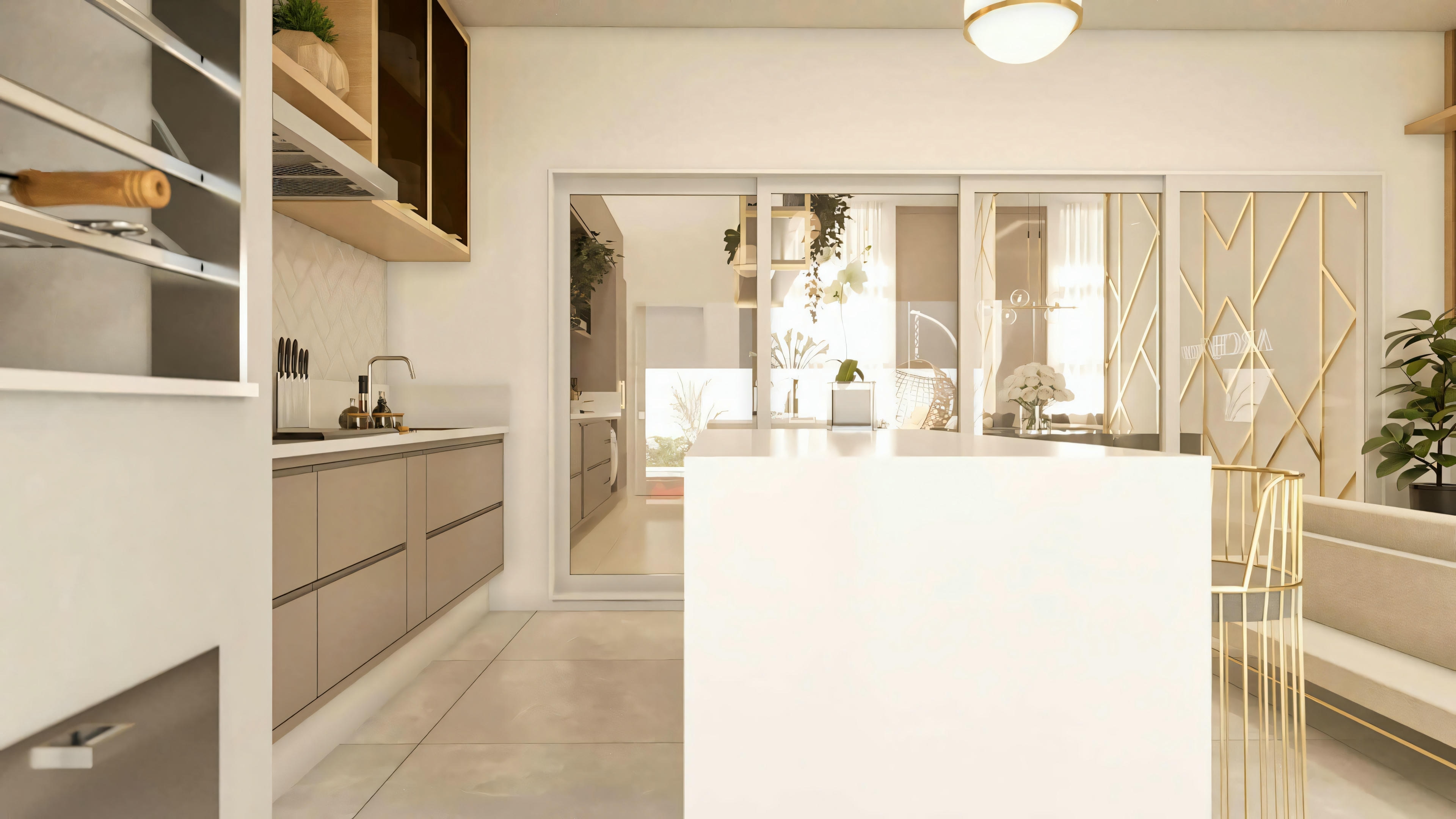 Photo of the kitchen/gourmet area in this modern single-story house plan with 3 bedrooms (203.67m²), viewed from behind the island. Detail of the main countertop, cabinets, and integration with other environments of the house.