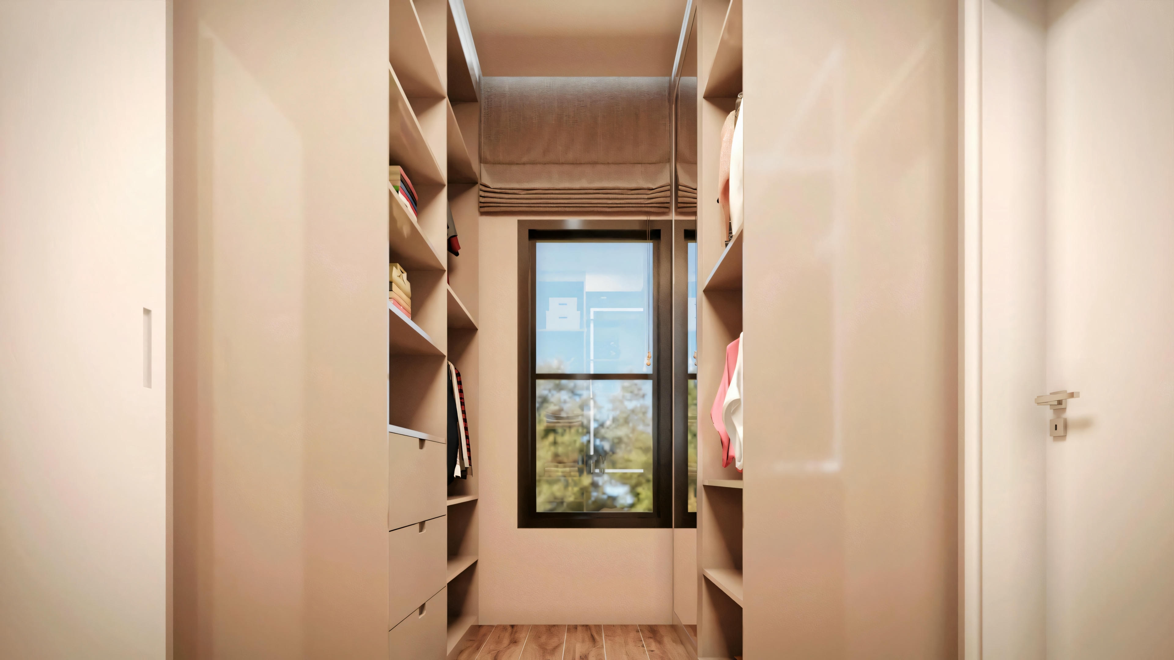 An interior space, specifically a narrow hallway leading to a window at the end, providing a view to the outside.