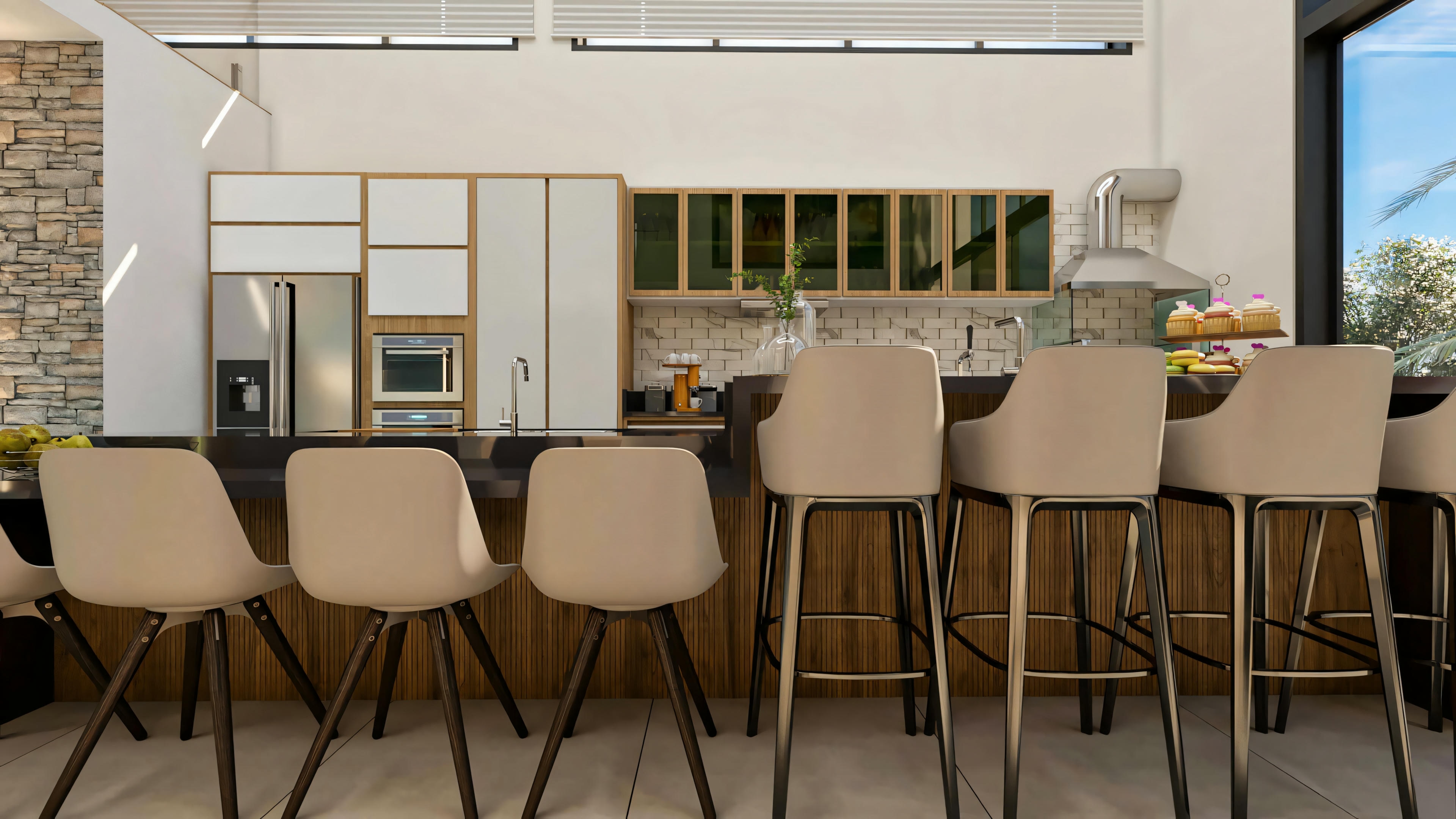 Área gourmet do projeto pronto com 5 suítes, equipada com bancada alta com banquetas, armários planejados, forno embutido e geladeira side-by-side.