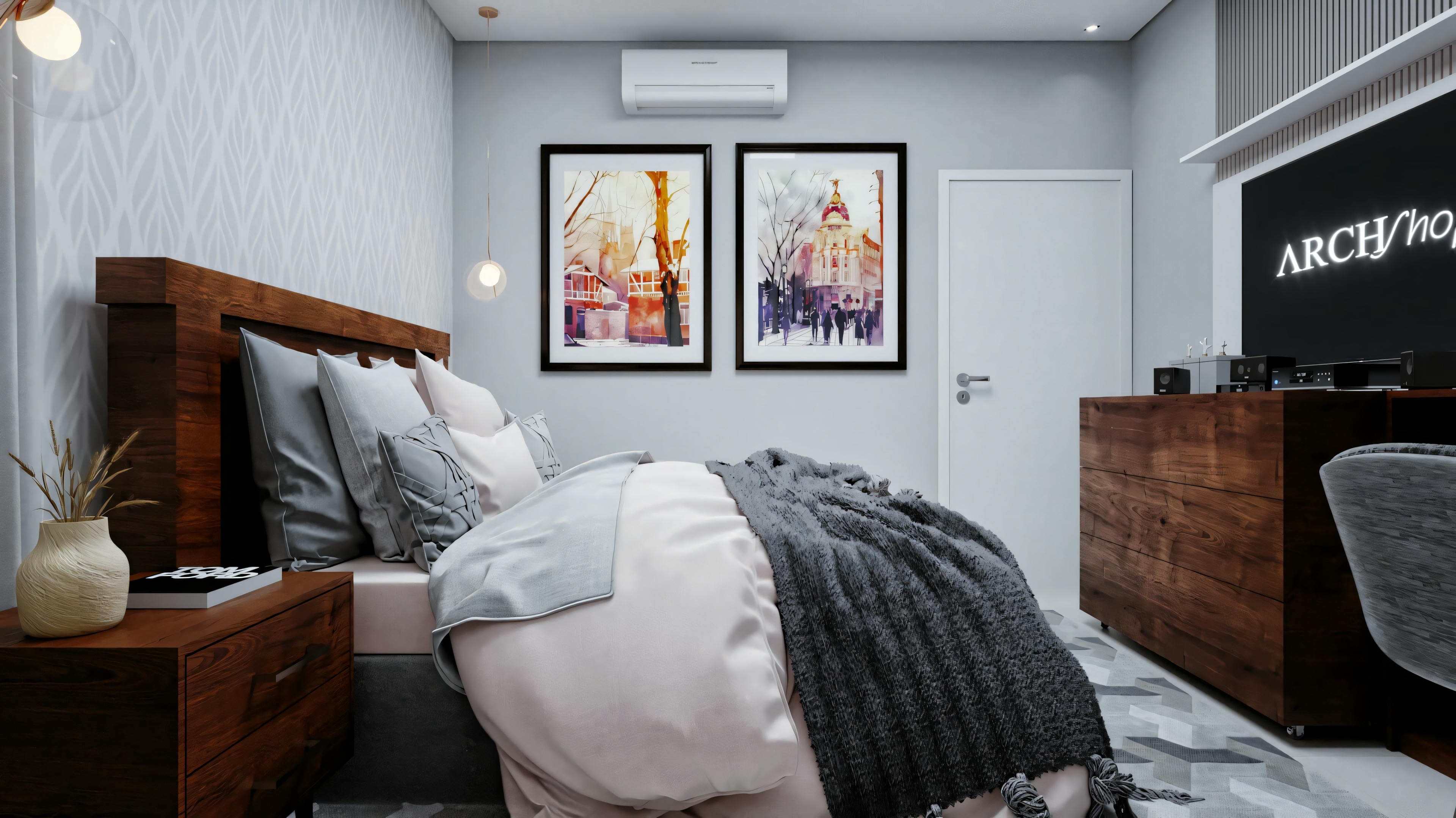 Quarto com uma cama grande, dois criados-mudos e uma obra de arte na parede acima da cama.