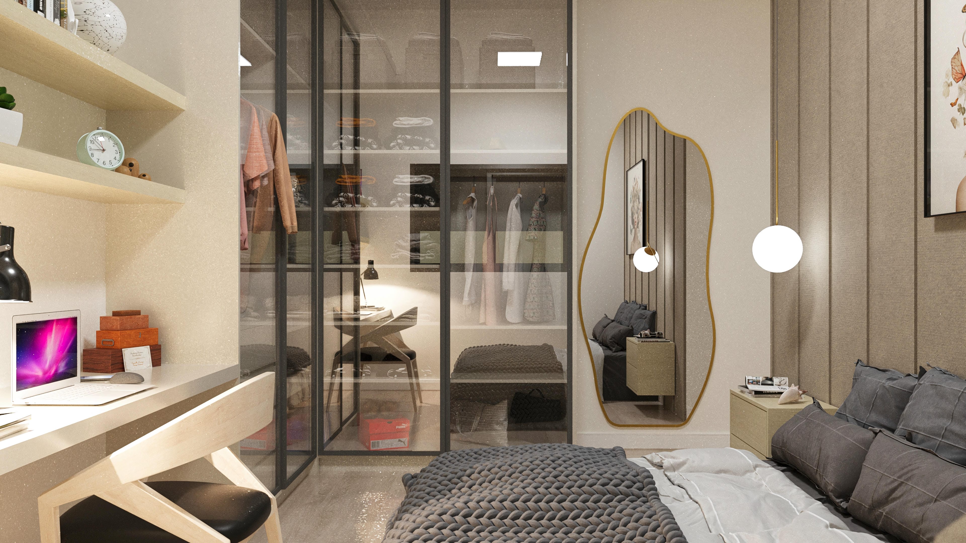 Ambiente de dormitorio moderno con vestidor de cristal integrado, mesa de trabajo y espejo orgánico. Paleta de colores neutros con detalles en madera.
