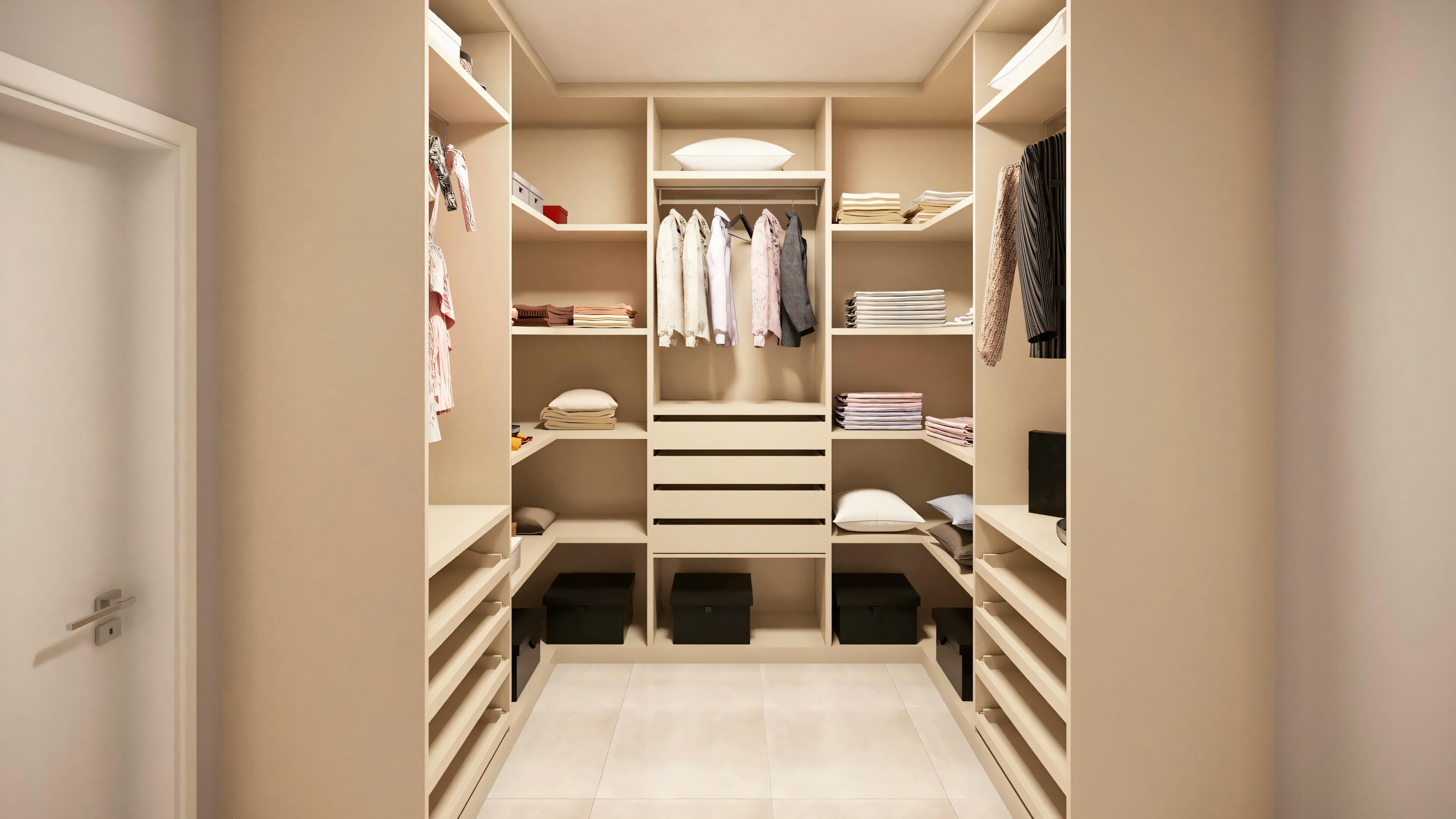 Quarto moderno com cama, cabeceira e mesas laterais.