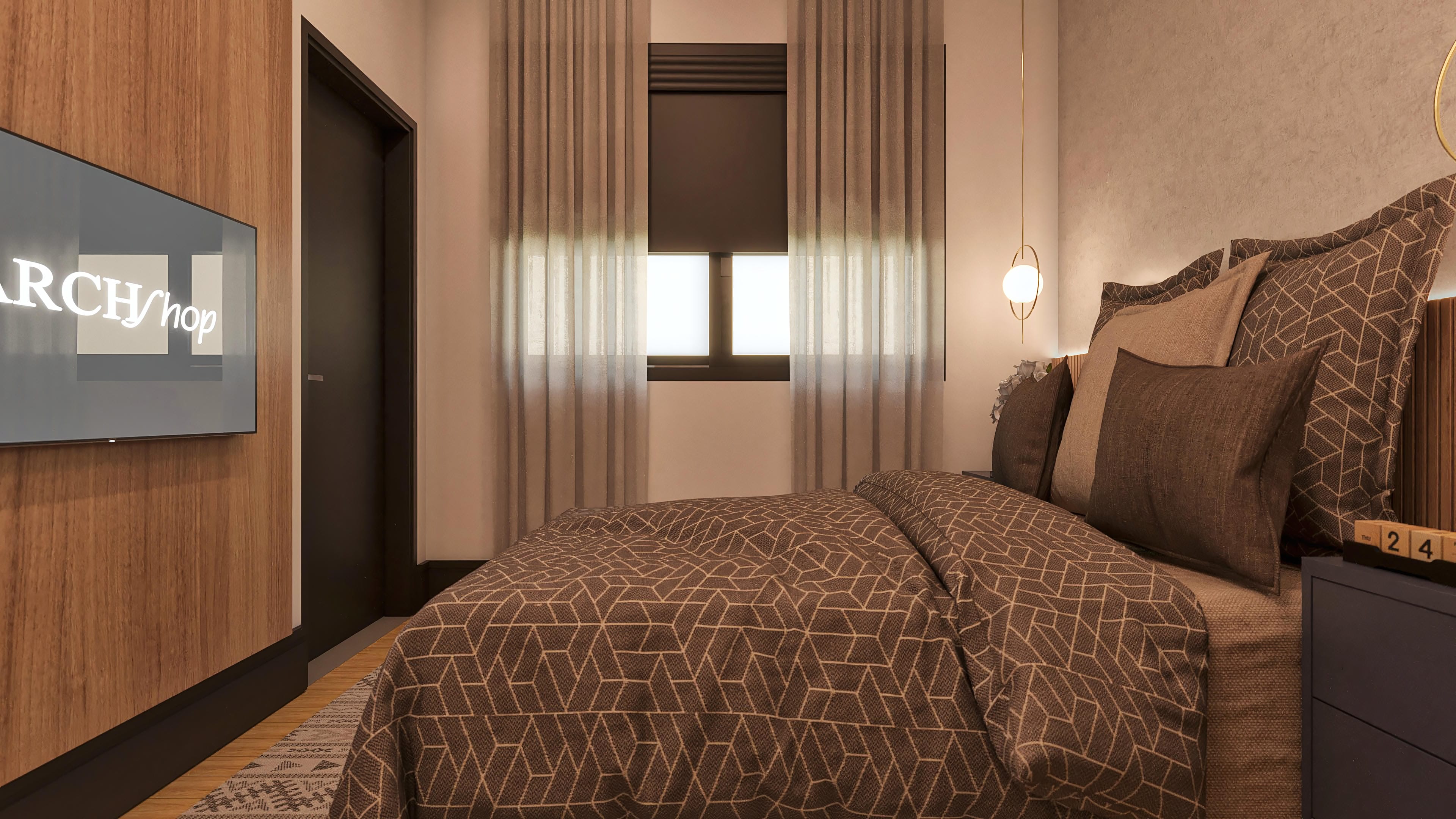 Quarto moderno com parede revestida em madeira ripada, porta escura e cama com enxoval em tons terrosos com estampa geométrica. Janela com cortinas elegantes e iluminação suave.