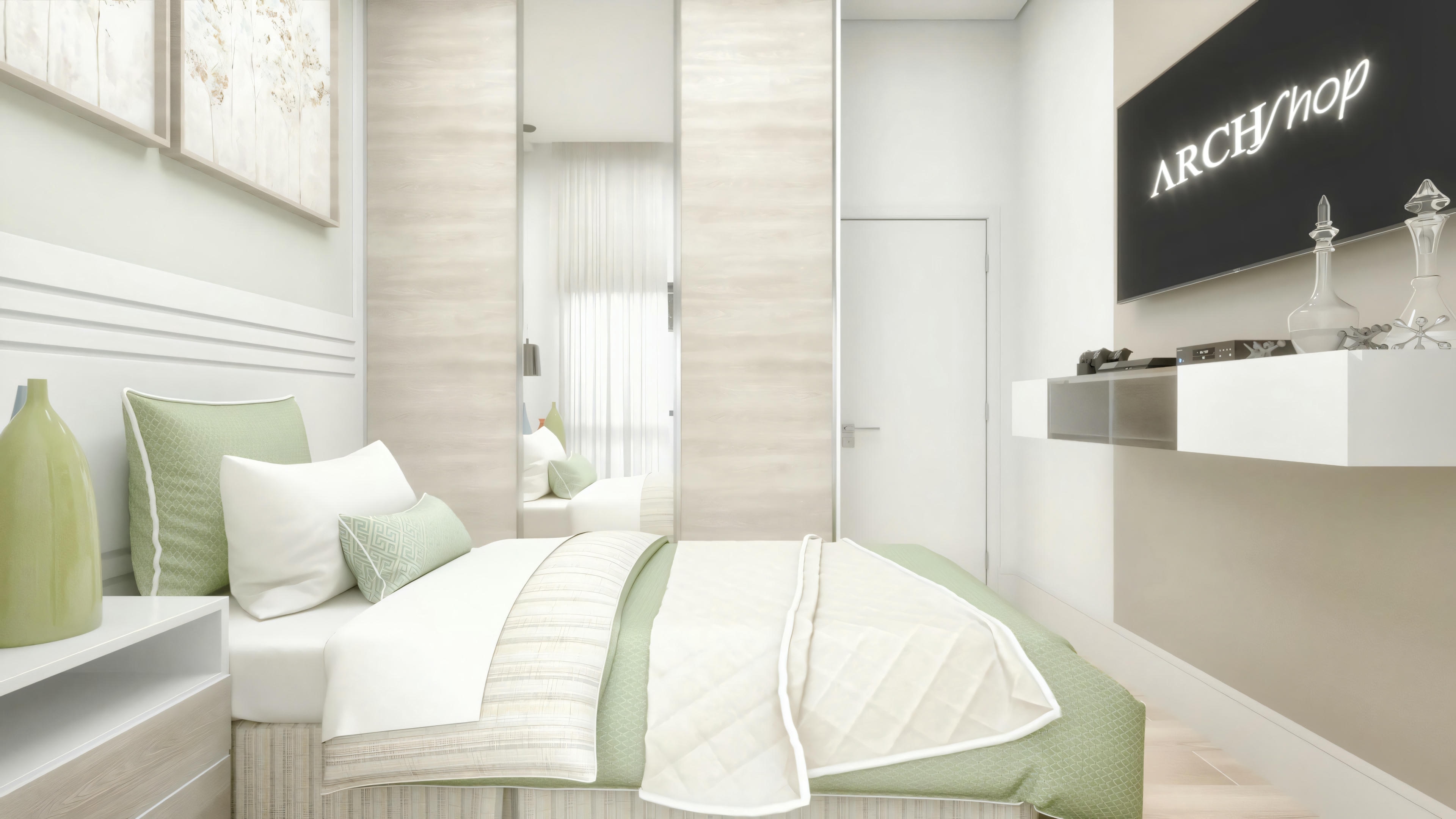 Um quarto ou quarto de hotel com esquema de cores verde e branco, incluindo cama, travesseiros e luminárias de cabeceira