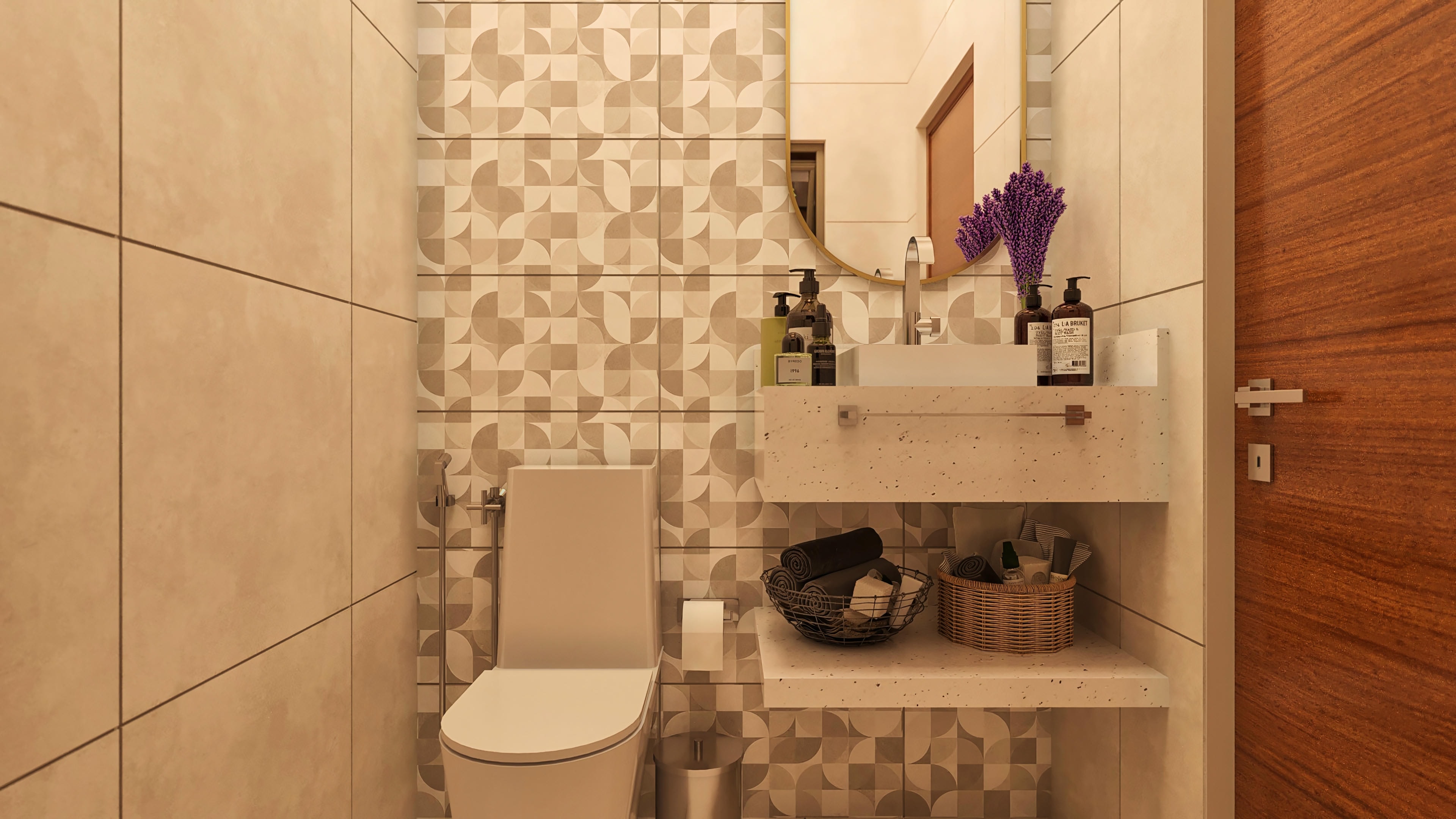 Powder room with light cladding.
