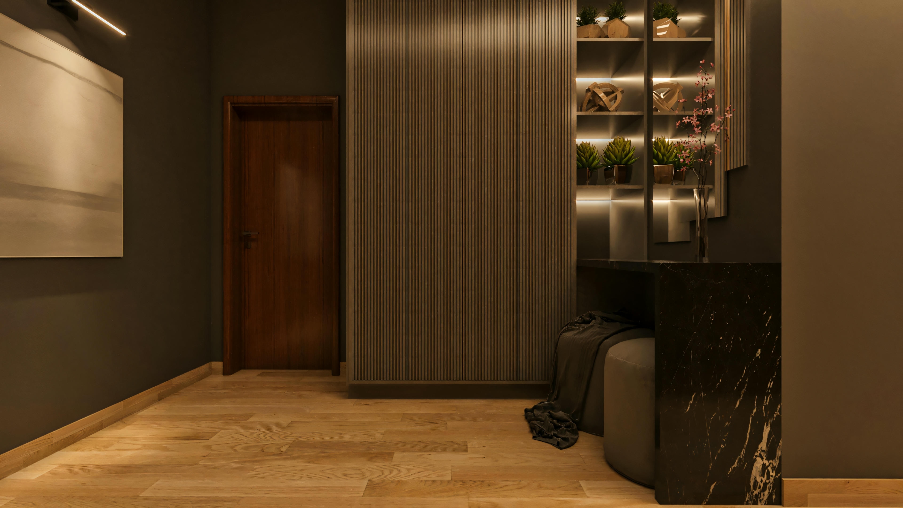 Spacious suite in a modern house project, configured with two beds (double and single), continuous wood headboard panel, mirrored wardrobe, and indirect ceiling lighting.