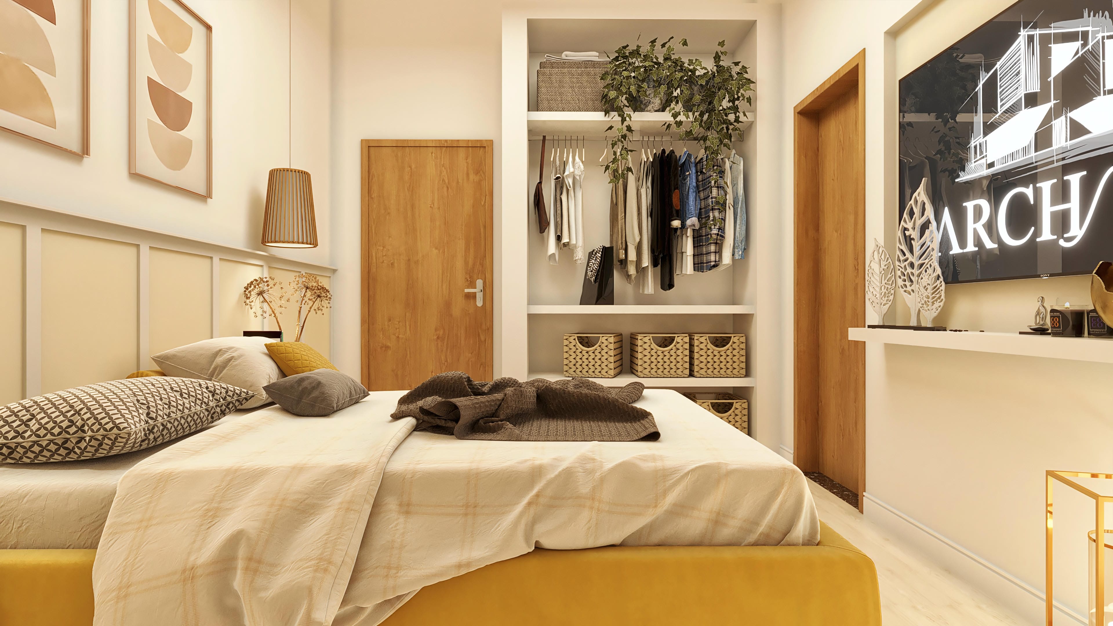 Interior of a bedroom with a cozy double bed, open closet with organized clothes, and a wooden door. Highlight on minimalist decor and soft lighting.