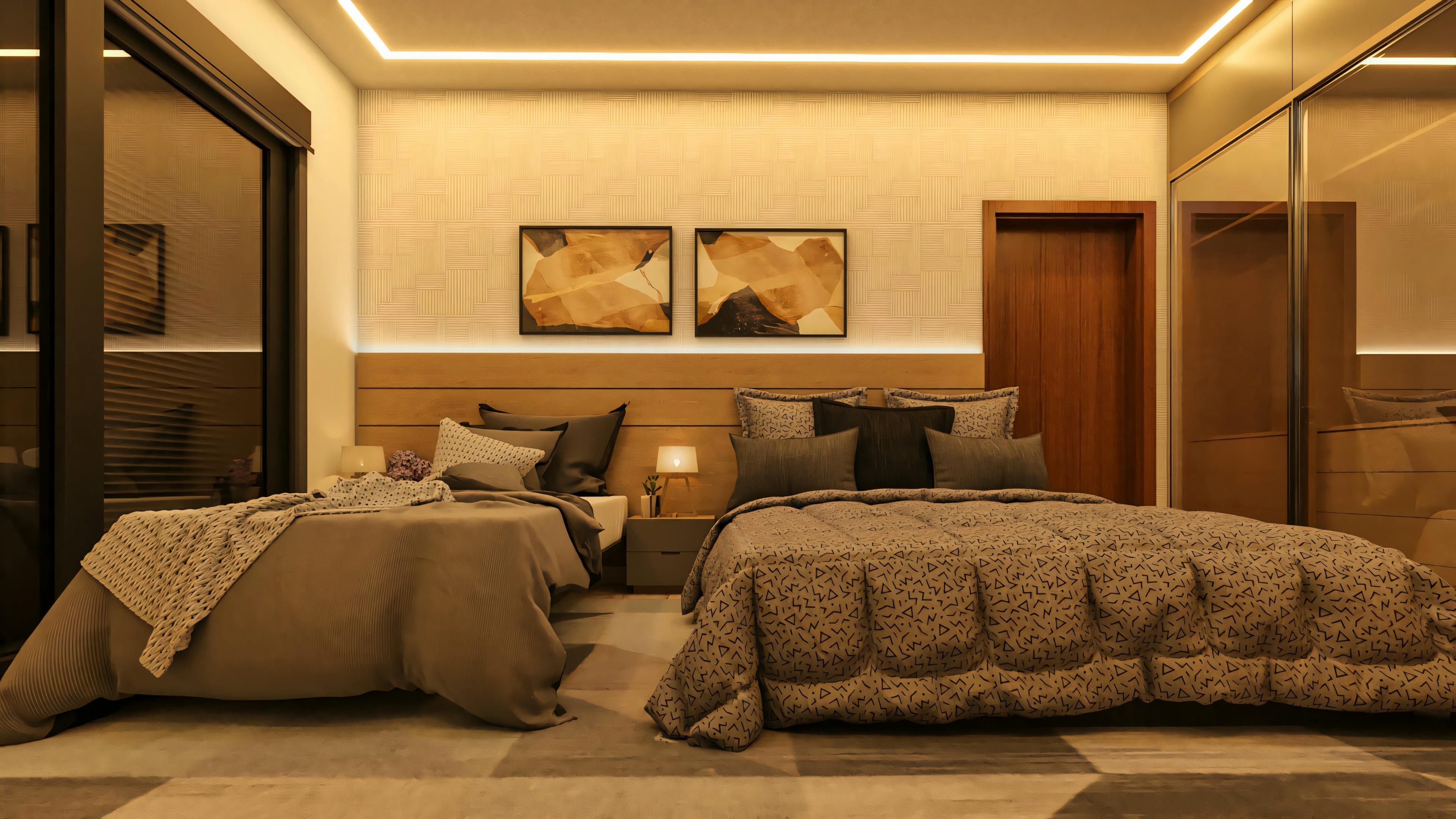 Amplia suite en proyecto de casa moderna, configurada con dos camas (matrimonial e individual), panel de cabecera continuo en madera, armario espejado e iluminación indirecta en el techo.