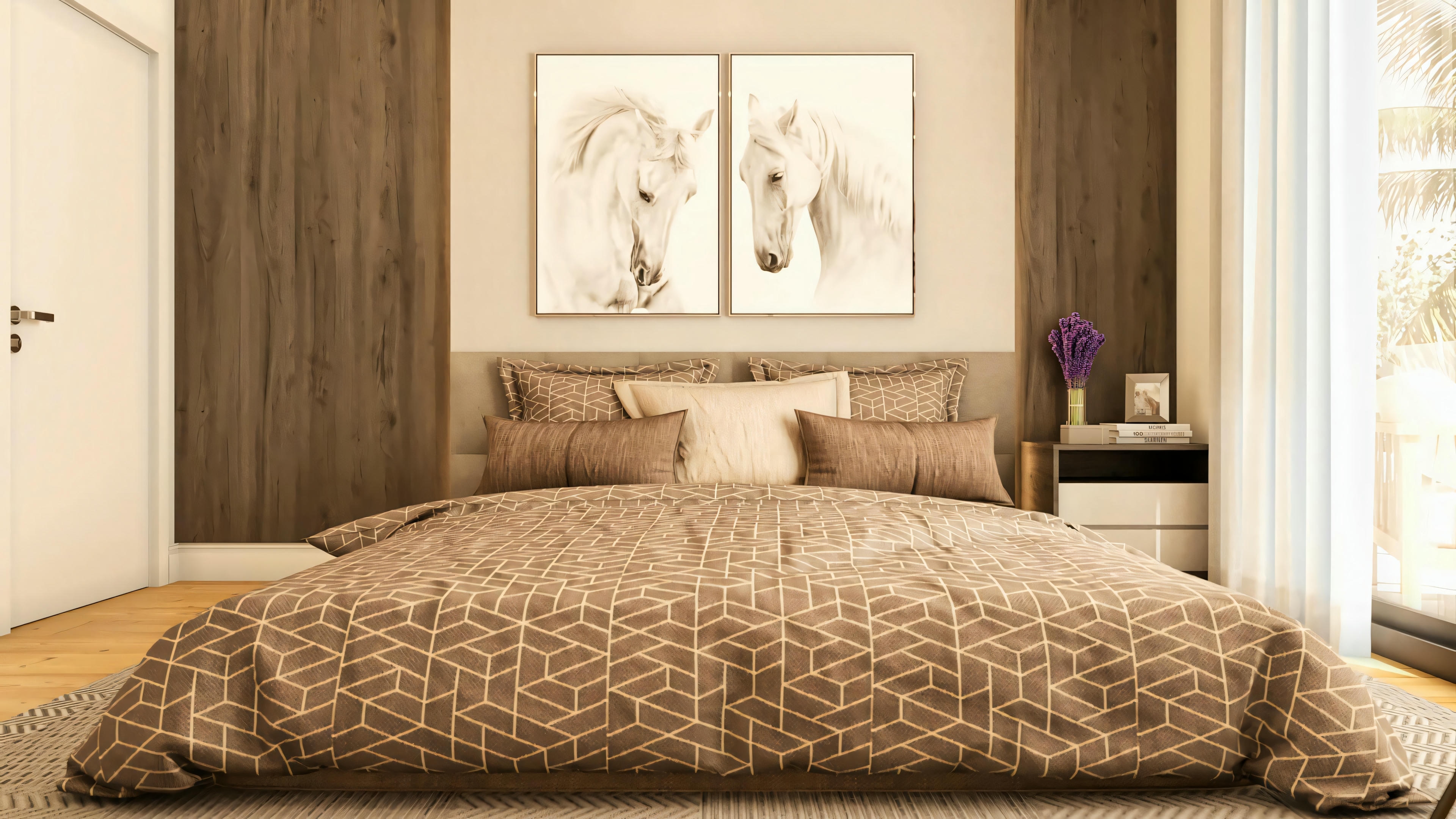 Quarto de suíte do projeto arquitetônico de sobrado de 330m², com cama de casal, cabeceira estofada, painel de madeira escura na parede da cabeceira, dois quadros com tema de cavalos, mesa de cabeceira moderna, porta à esquerda e janela ampla com cortina à direita.