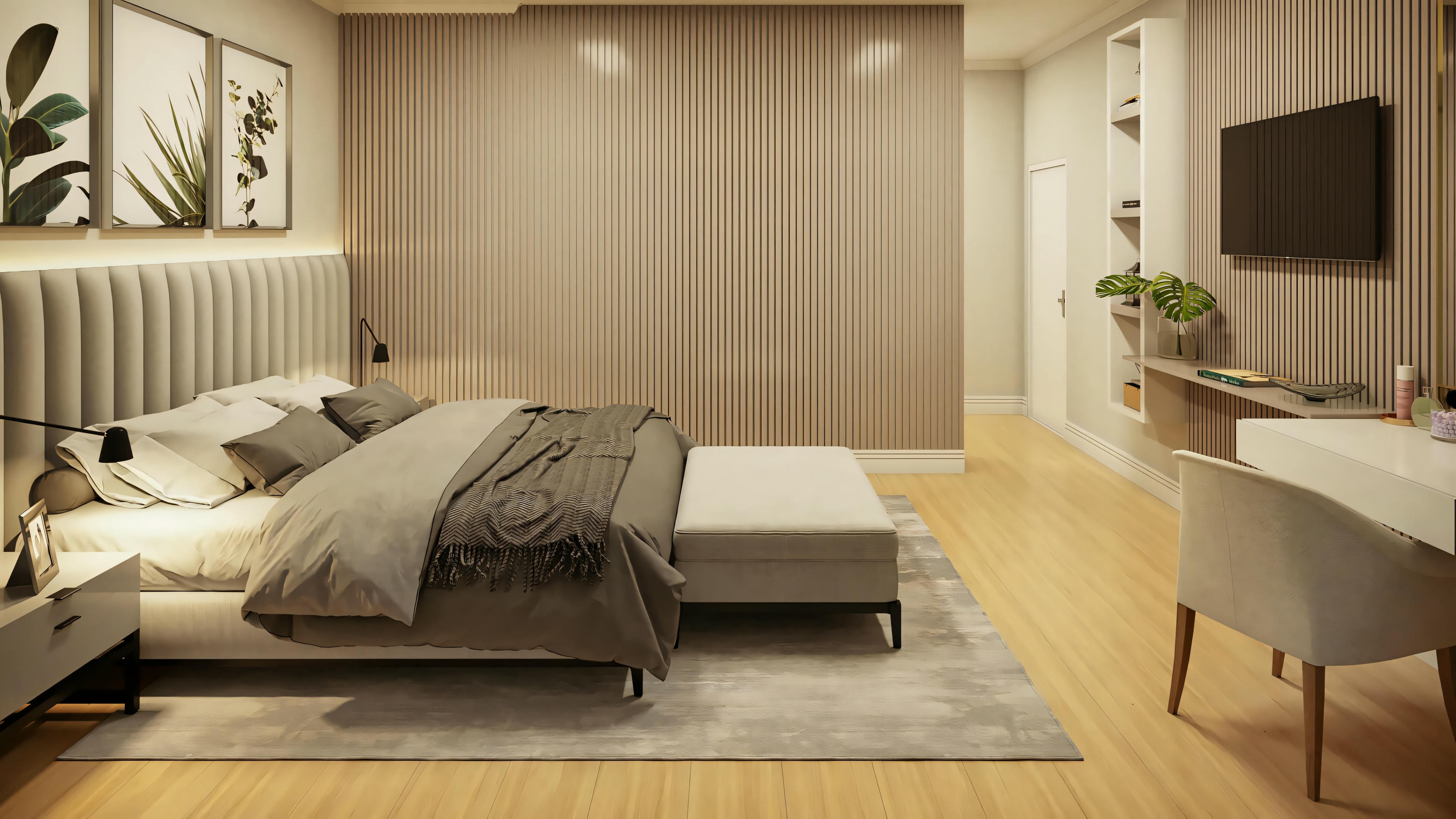 Suite principal con panel de TV listonado y encimera de estudios/tocador, parte del plano listo de casa con 3 suites y área gourmet. Proyecto casa lista 368.67m².