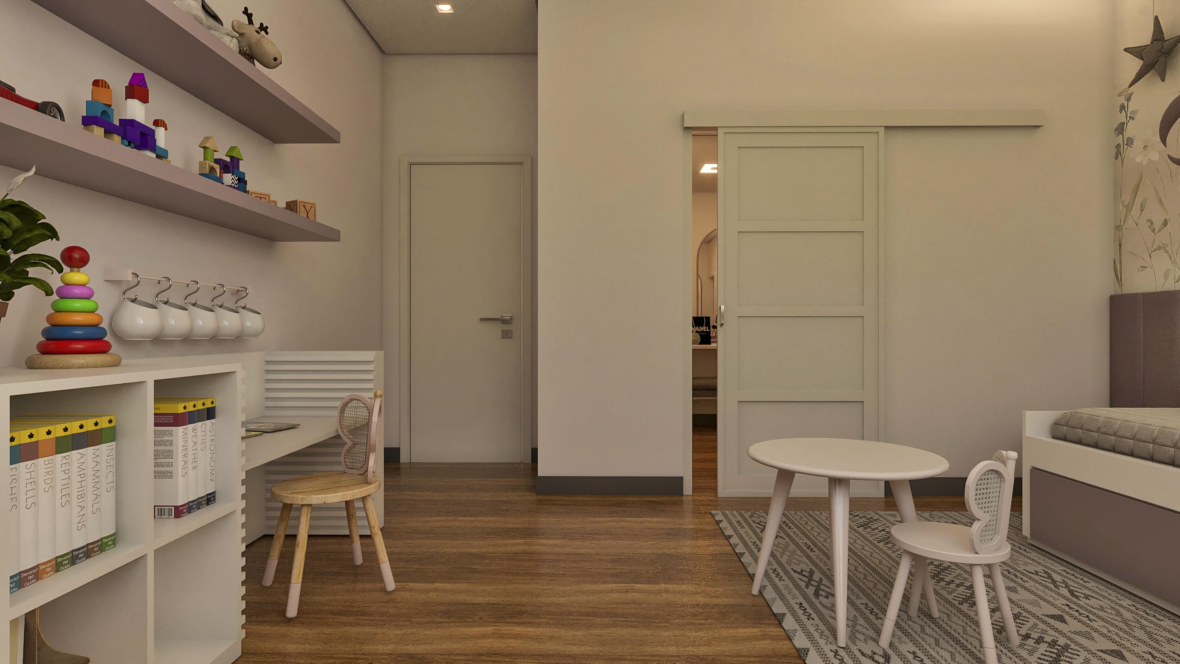 Interior of a children's bedroom with shelves, bookcases, and minimalist furniture. The floor is wooden, the walls are light, and there is a modern-design sliding door.