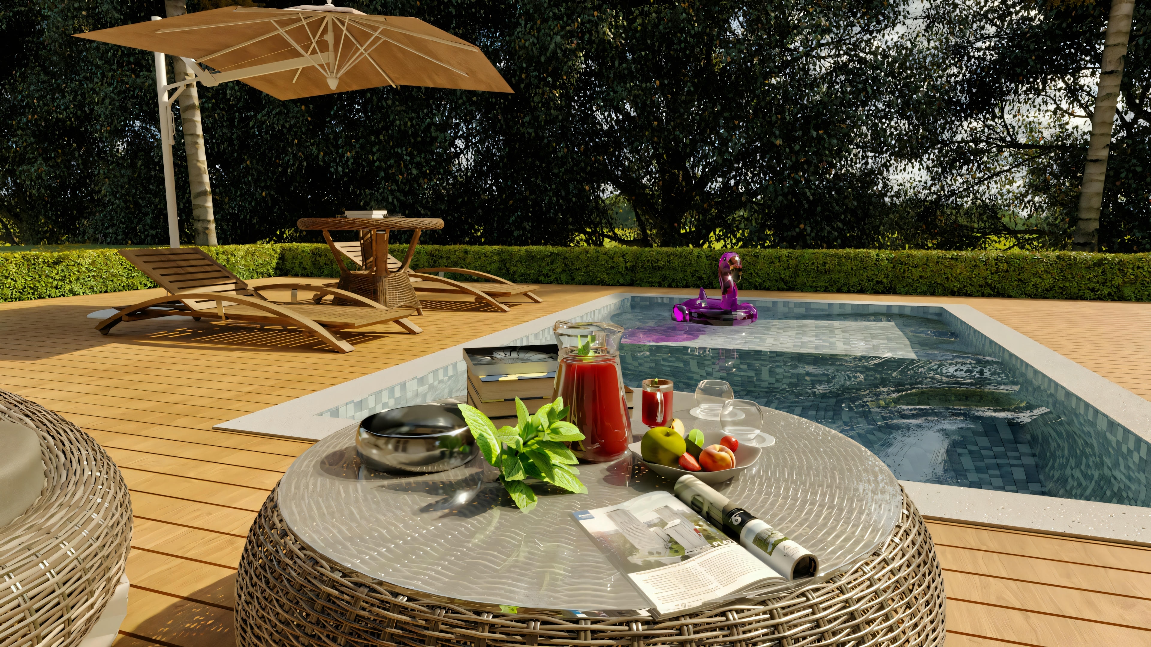 Área de comedor exterior con mesa puesta junto a la piscina.
