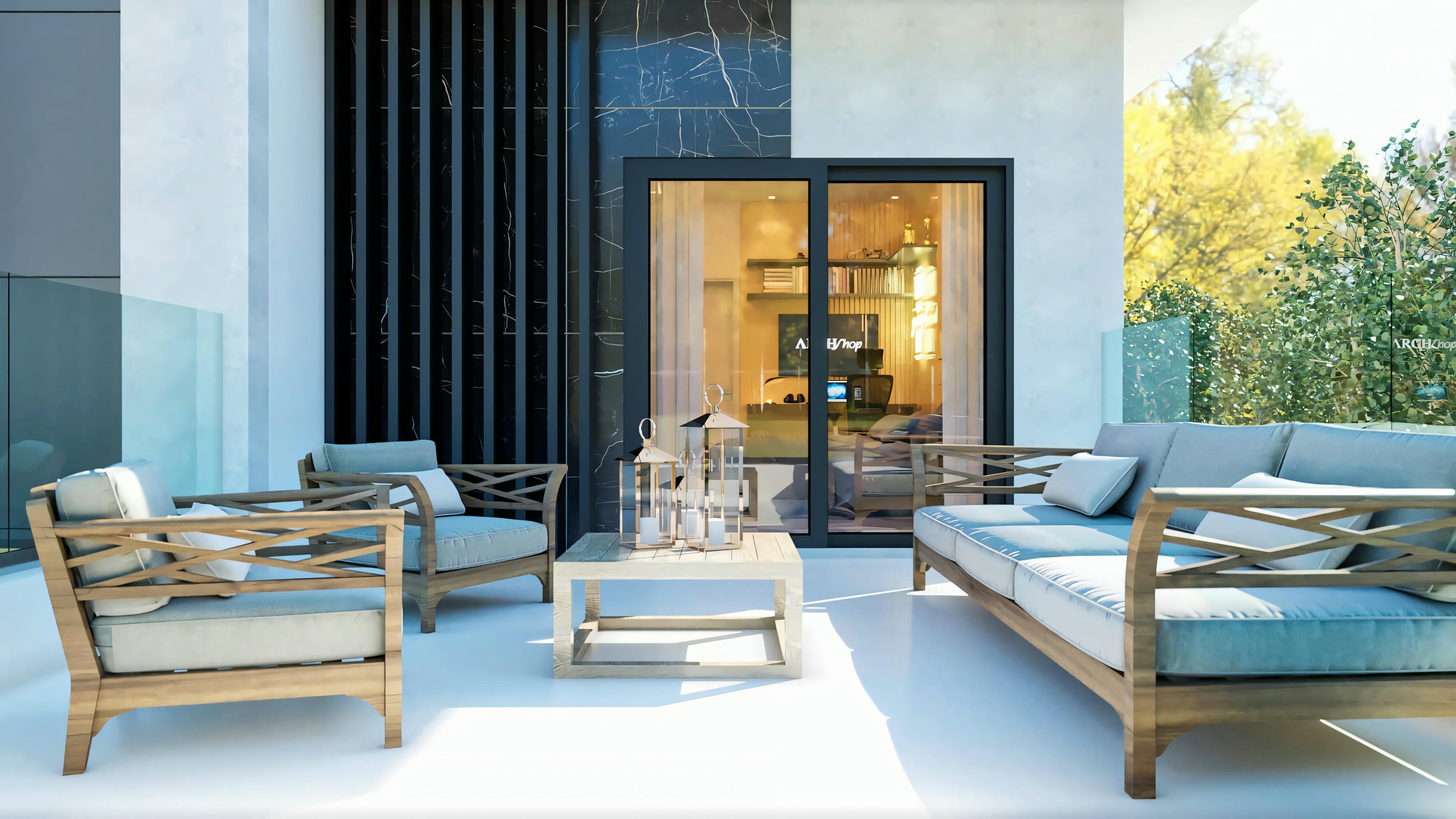 Balcón privado de suite en proyecto de casa de lujo, con mobiliario externo de madera, vista al jardín y fachada moderna.