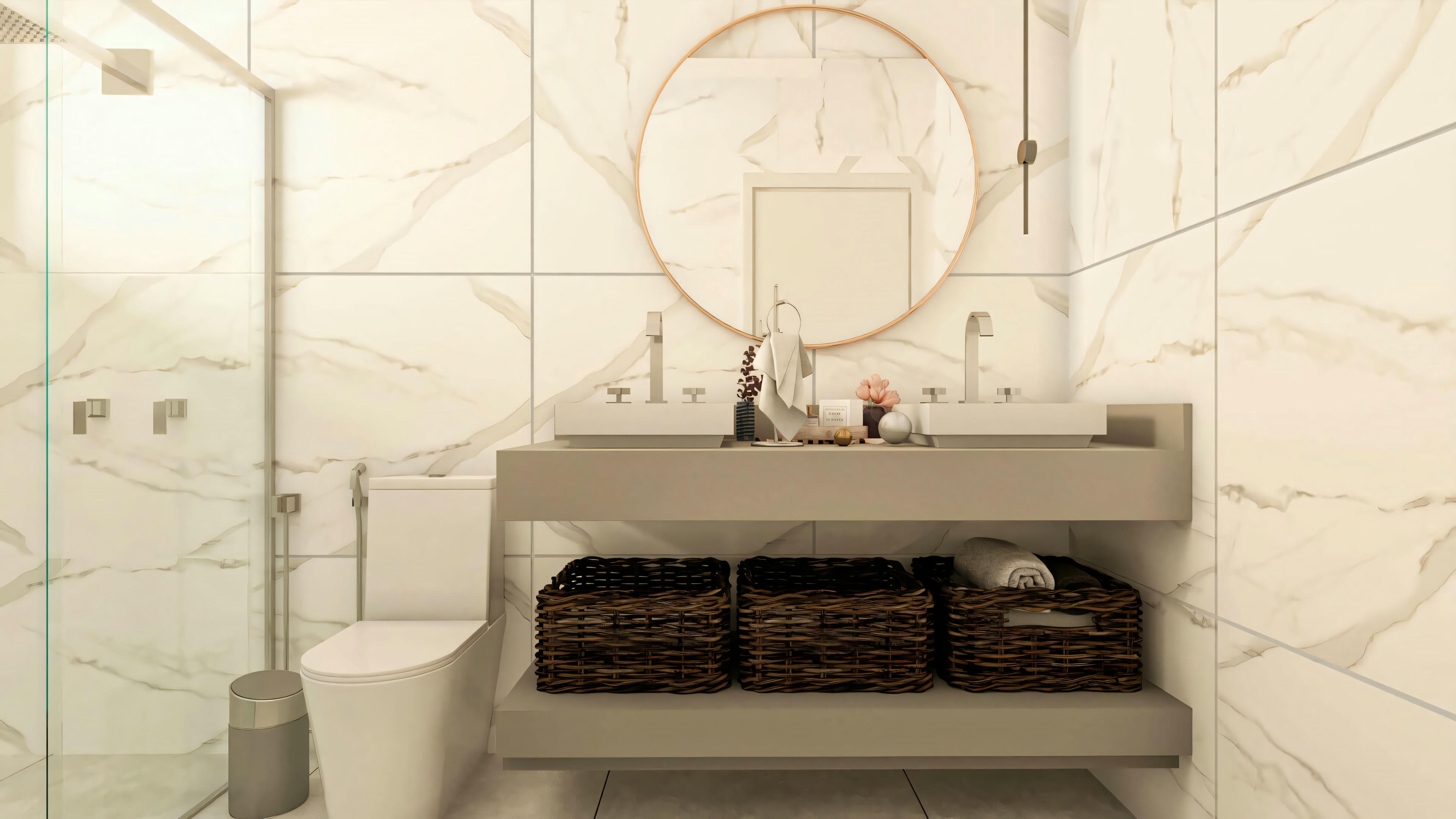 Baño espacioso en casa de dos pisos de 194.7m² (terreno 10x25) con encimera doble flotante, dos lavabos de apoyo, espejo redondo decorativo y revestimiento en porcelanato marmolizado. Estantería inferior con cestos organizadores.