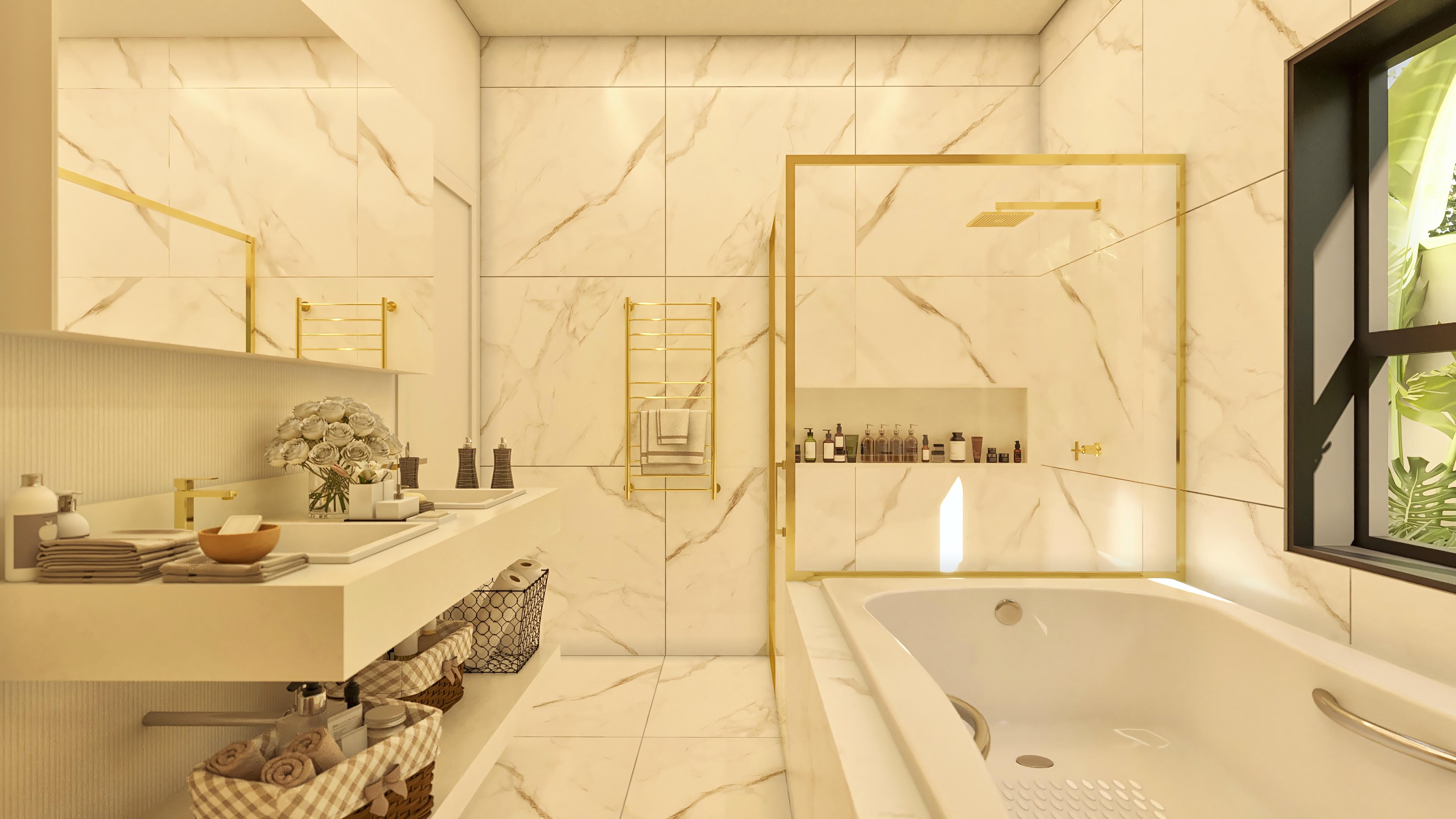Detalle de un baño con revestimiento en mármol claro con vetas doradas, metales en dorado y una bañera elegante.