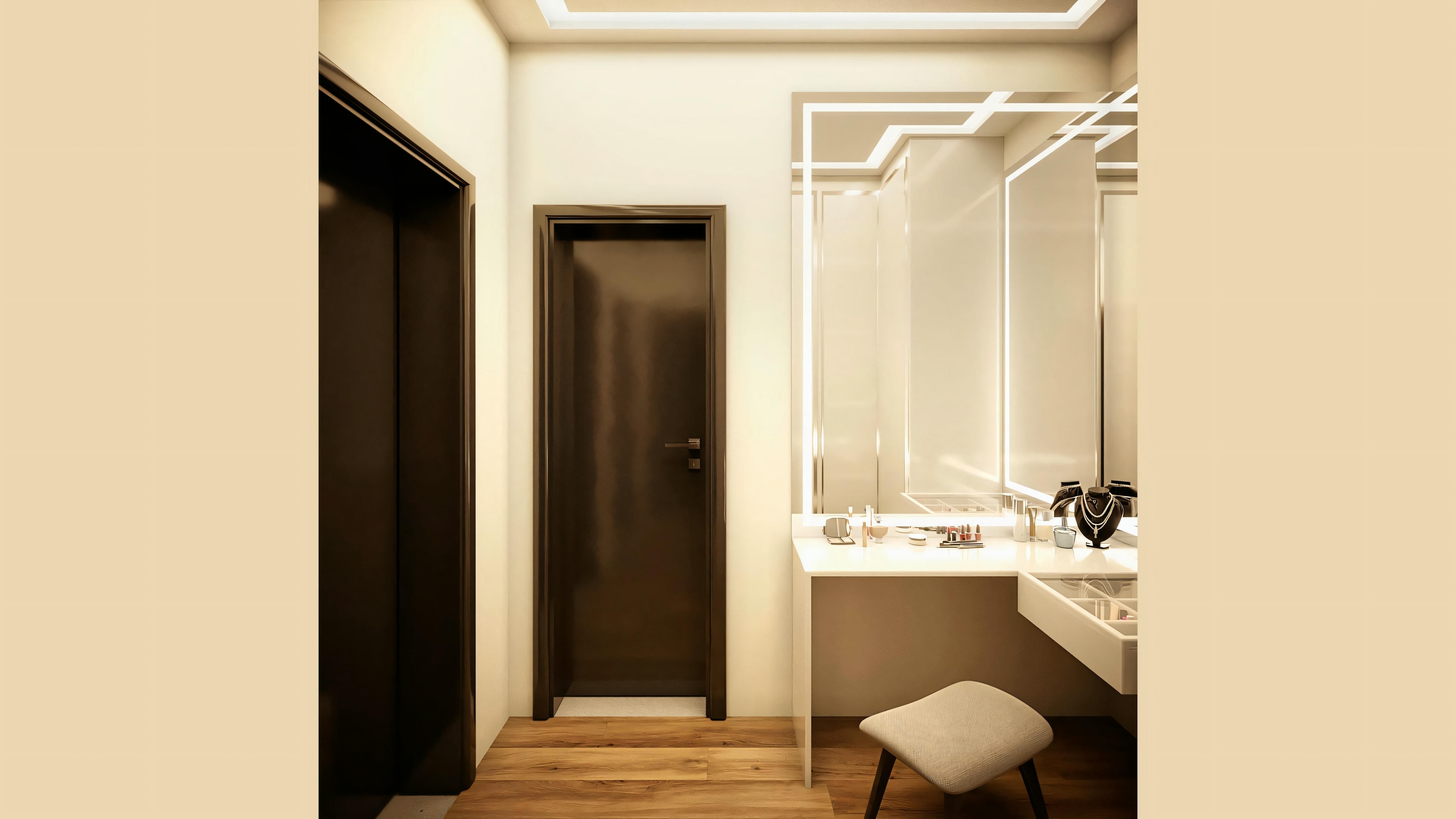 Baño moderno con espejo, lavabo y toallas visibles.