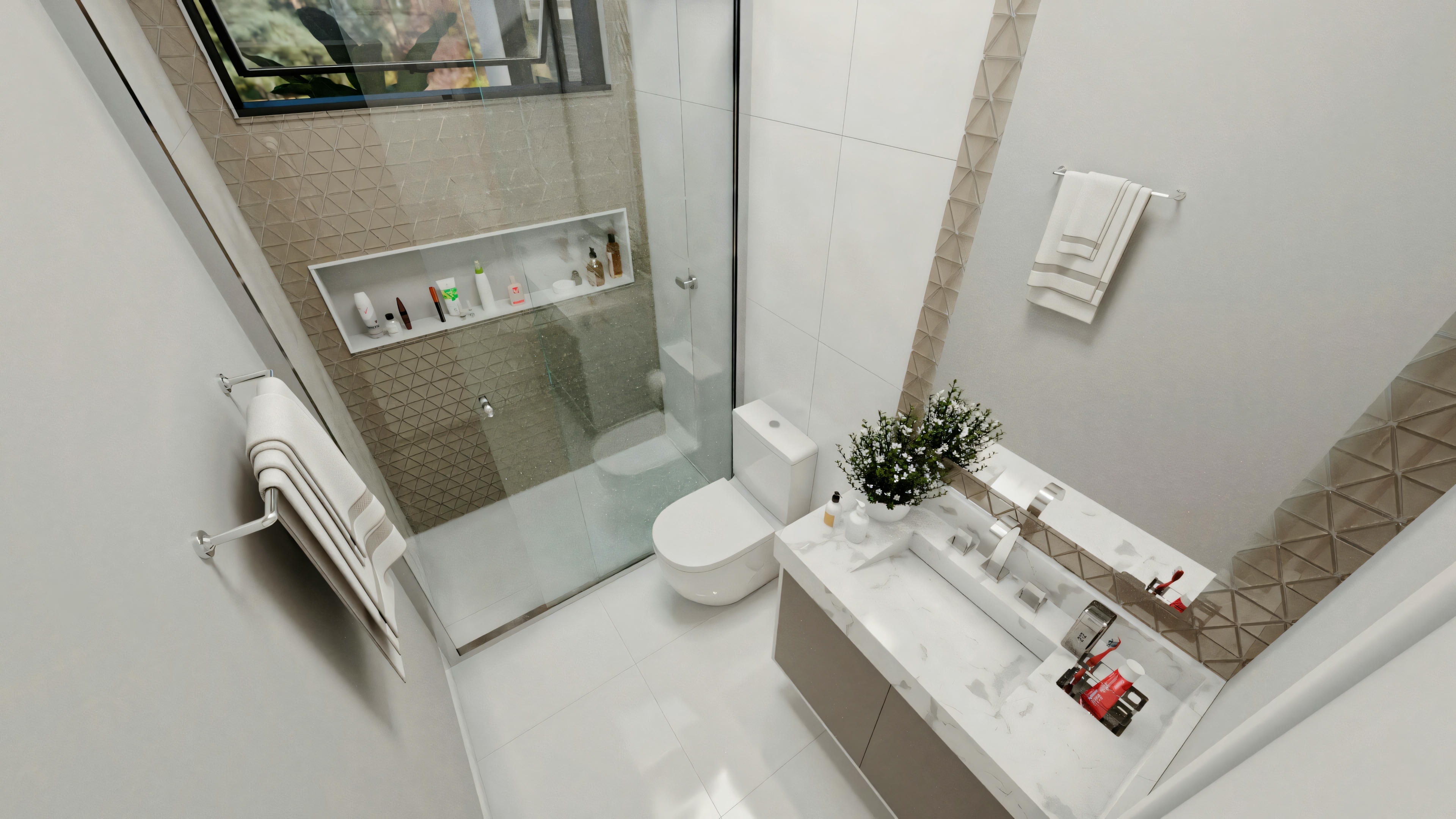 Overhead view of a bathroom with organized amenities.