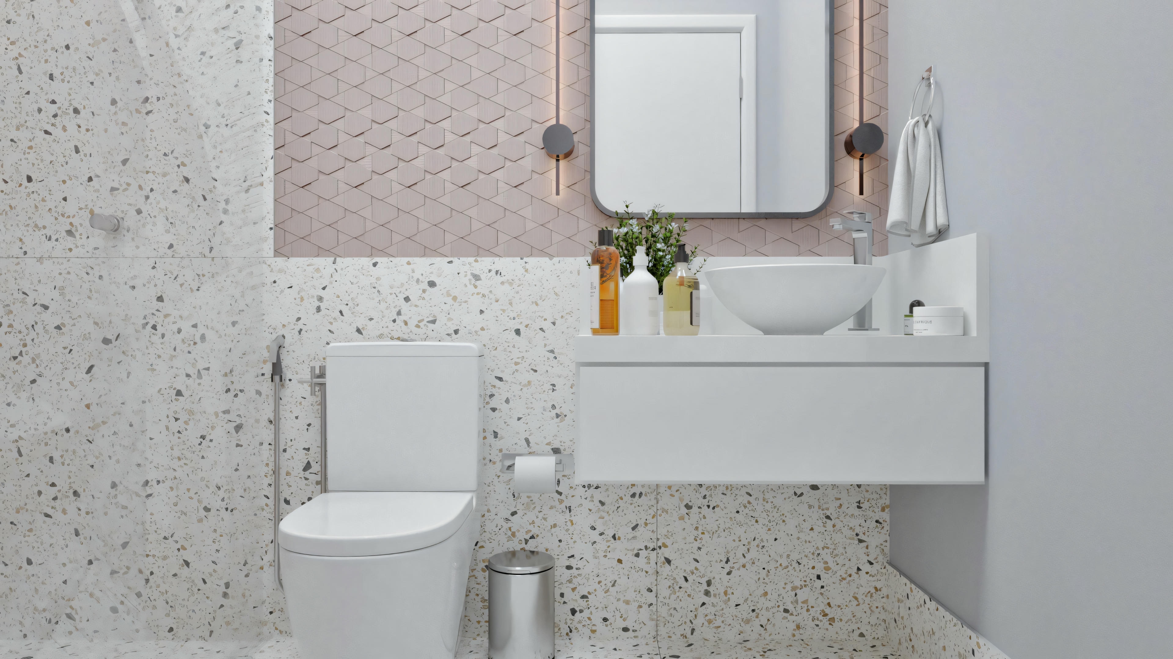 A bathroom with white fixtures, including a sink and toilet, and decorative elements on the countertop.