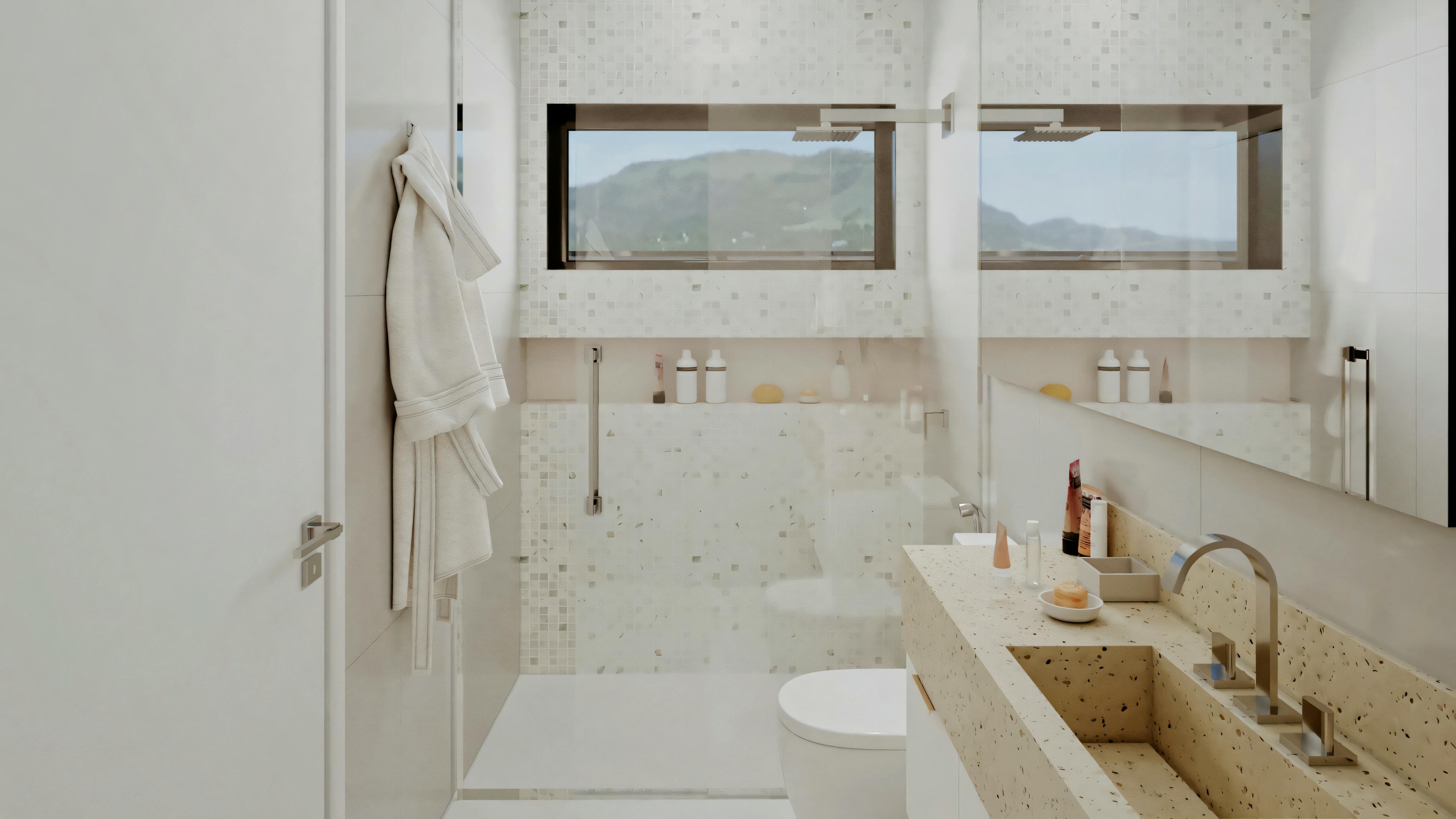 A bathroom with a bathtub under a window, accompanied by a sink and toilet.