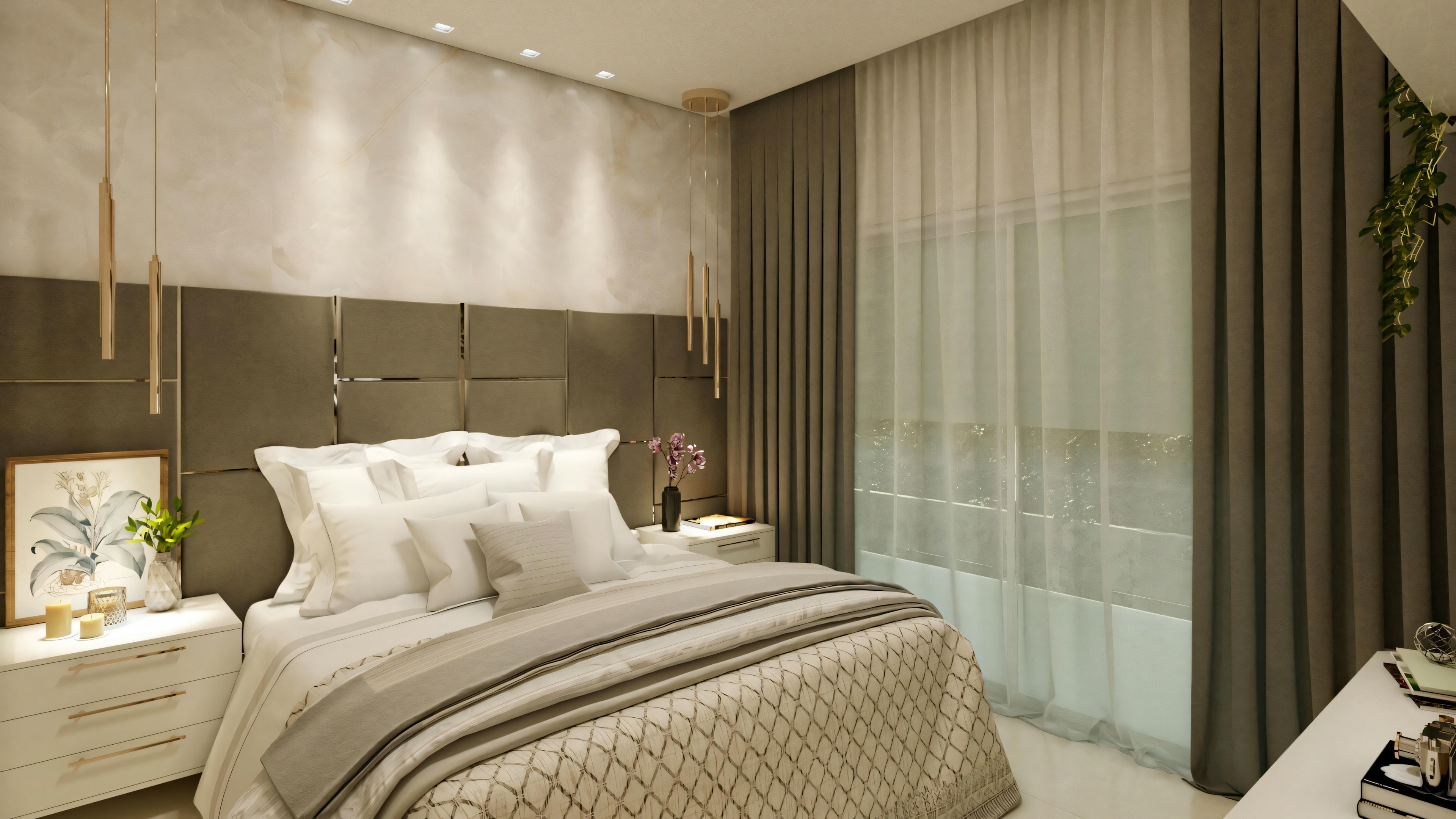 A bedroom with a bed, nightstands, and a patterned wall behind the bed.