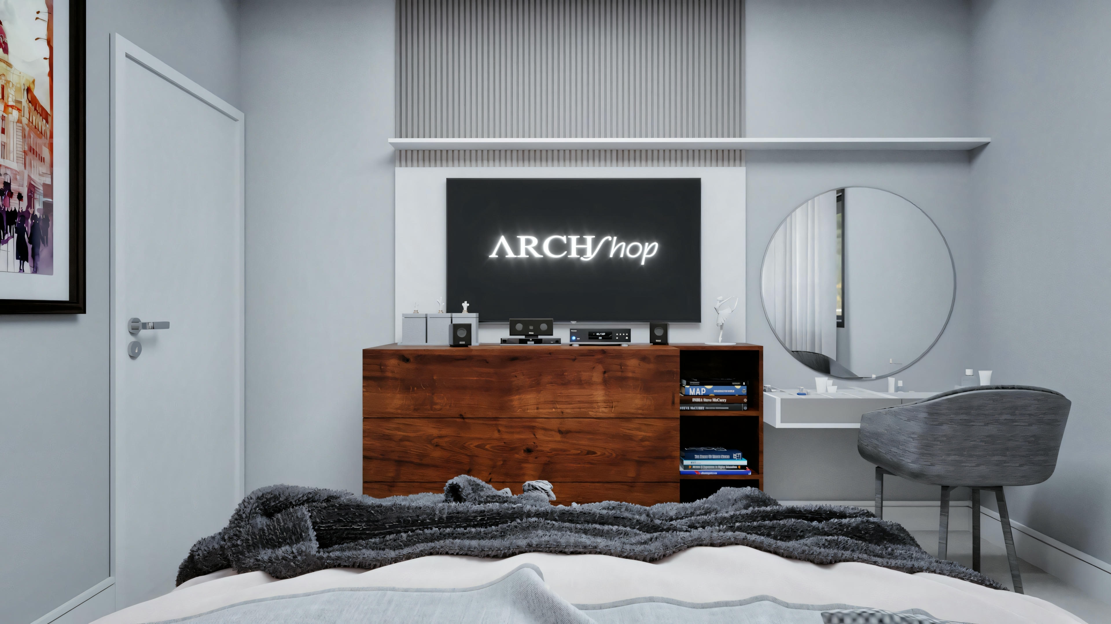 A bedroom with a large bed in the foreground, a wooden headboard, and a nightstand with a lamp.