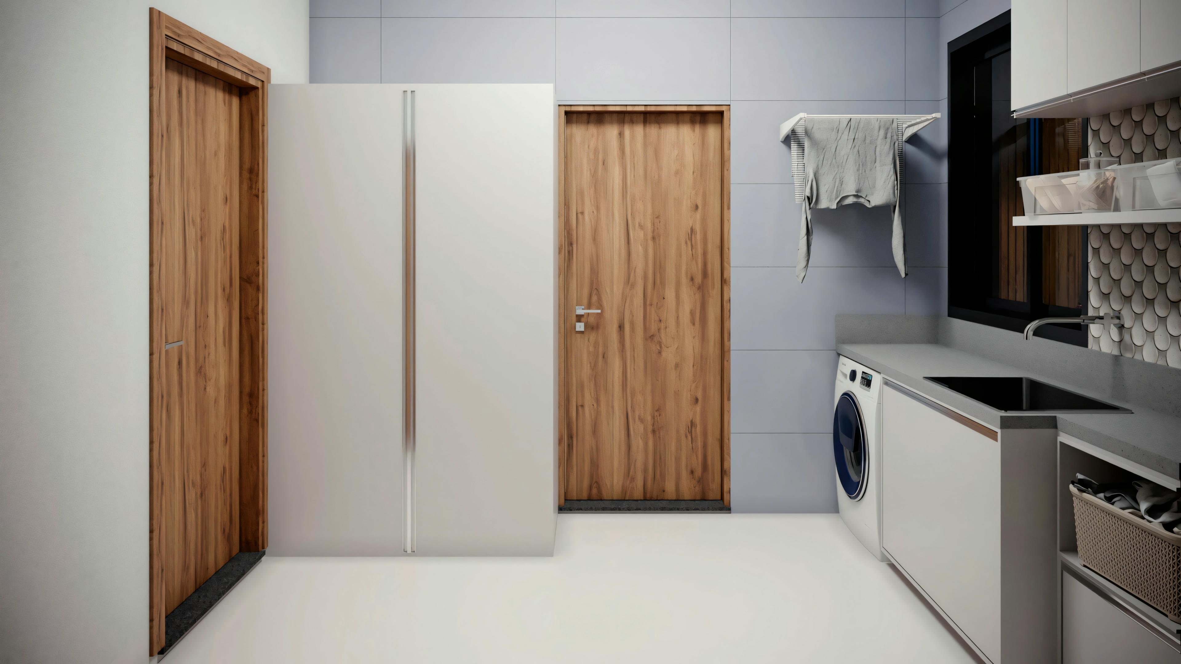Um closet com tons de madeira mais claros, armários fechados e prateleiras abertas.
