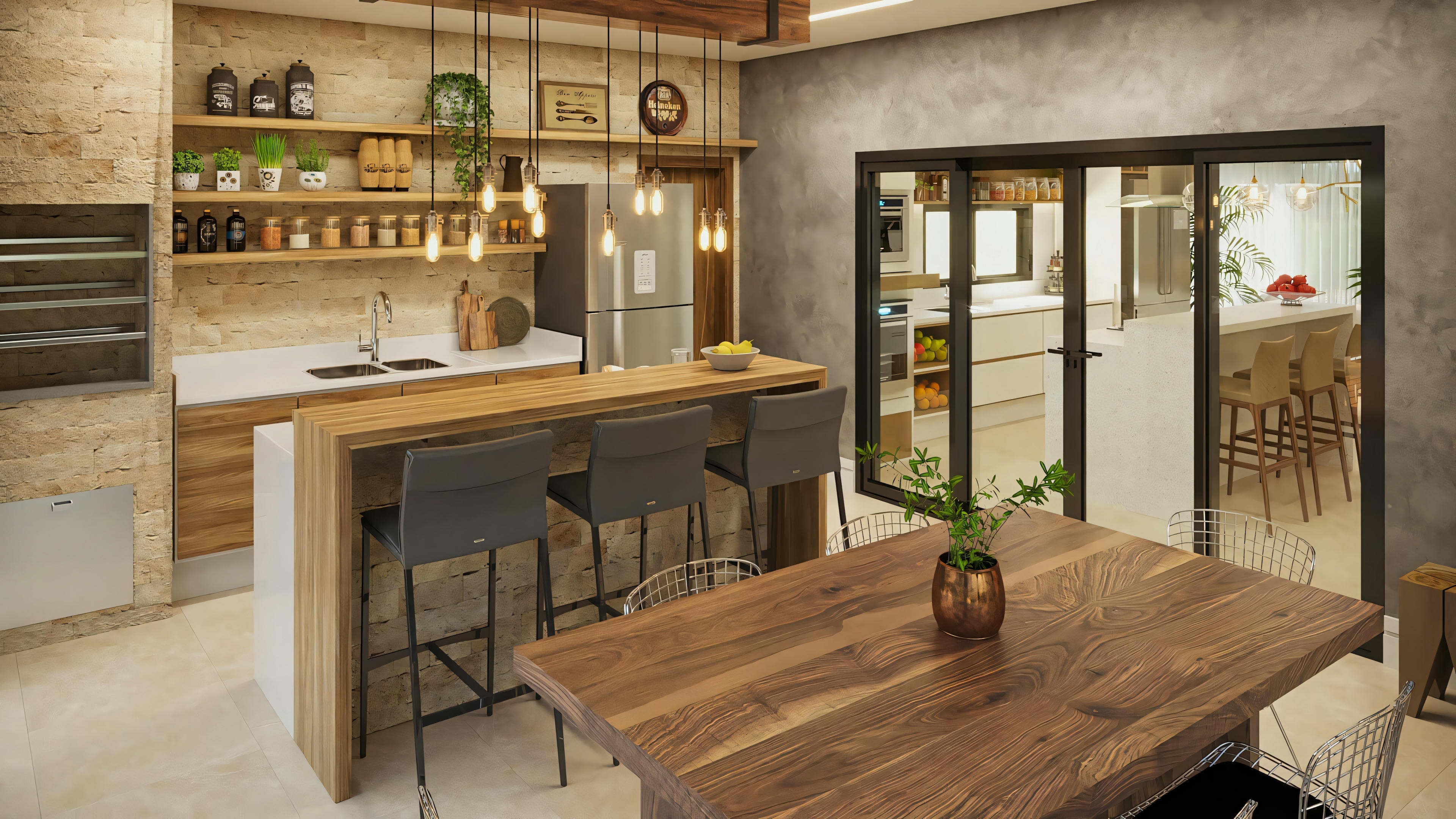 Perspectiva del área gourmet con cocina y comedor integrados del proyecto listo de casa de planta baja con 2 suites. Muestra la mesada de la cocina, estanterías, nevera, isla central con banquetas, colgantes de luz, mesa de comedor y acceso vidriado a otros ambientes.