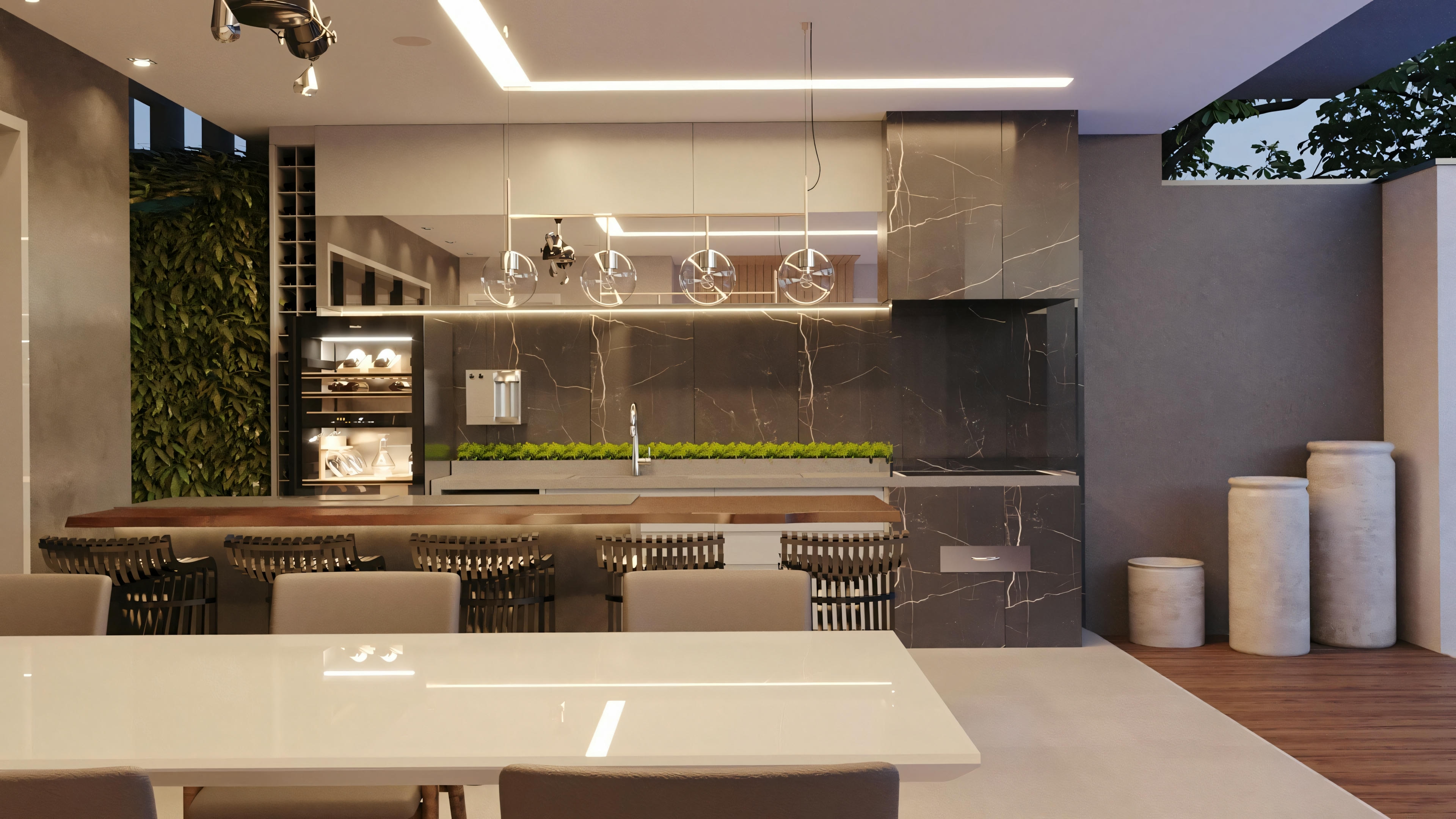 Uma cozinha com layout aberto, armários brancos, ilha central com banquetas e iluminação pendente, contribuindo para um design elegante e contemporâneo.