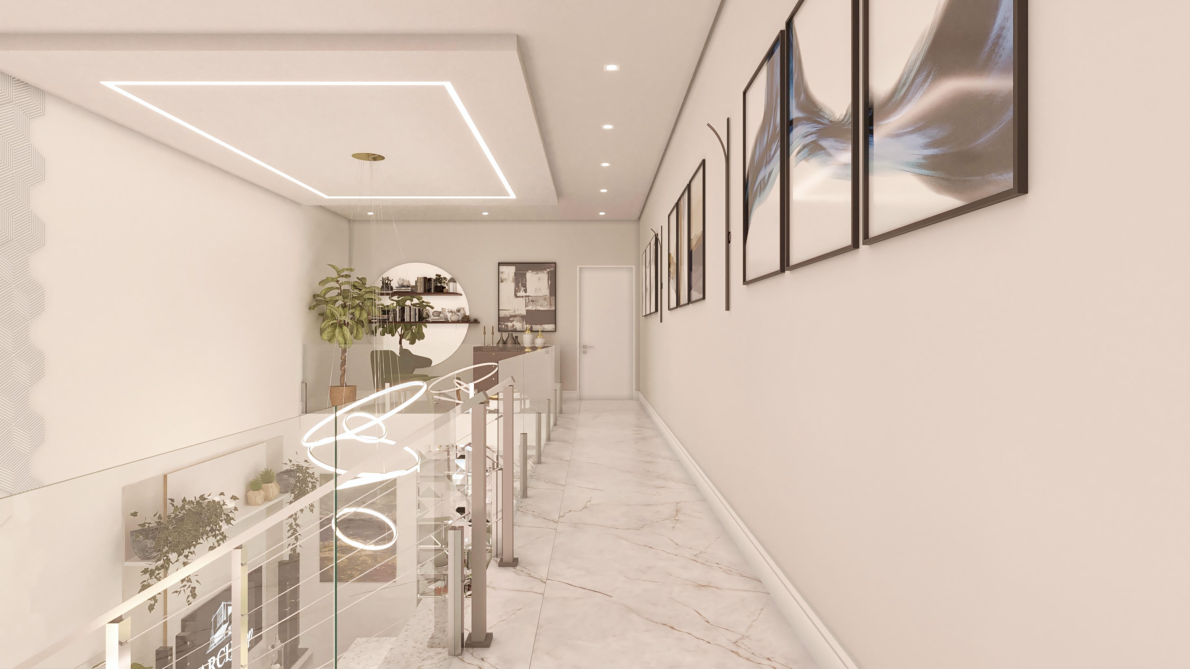 Internal hallway with marbled porcelain tile floor, light walls, and plaster crown moldings with recessed LED lighting. Highlight for artworks and contemporary furniture.