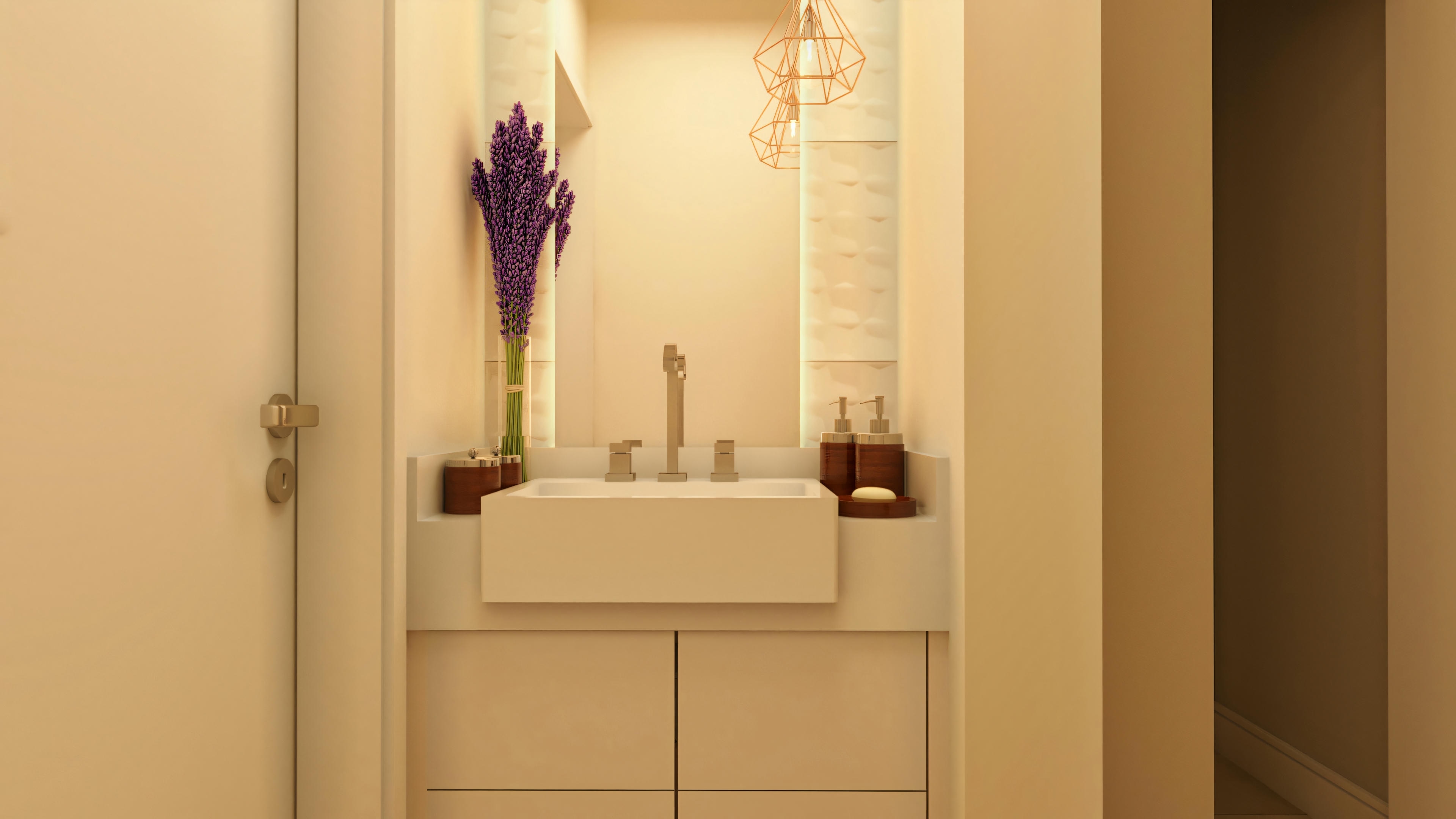 Decorated powder room in a modern two-story house, featuring a countertop with vessel sink, lower cabinet, tall mirror, and geometric pendant light.