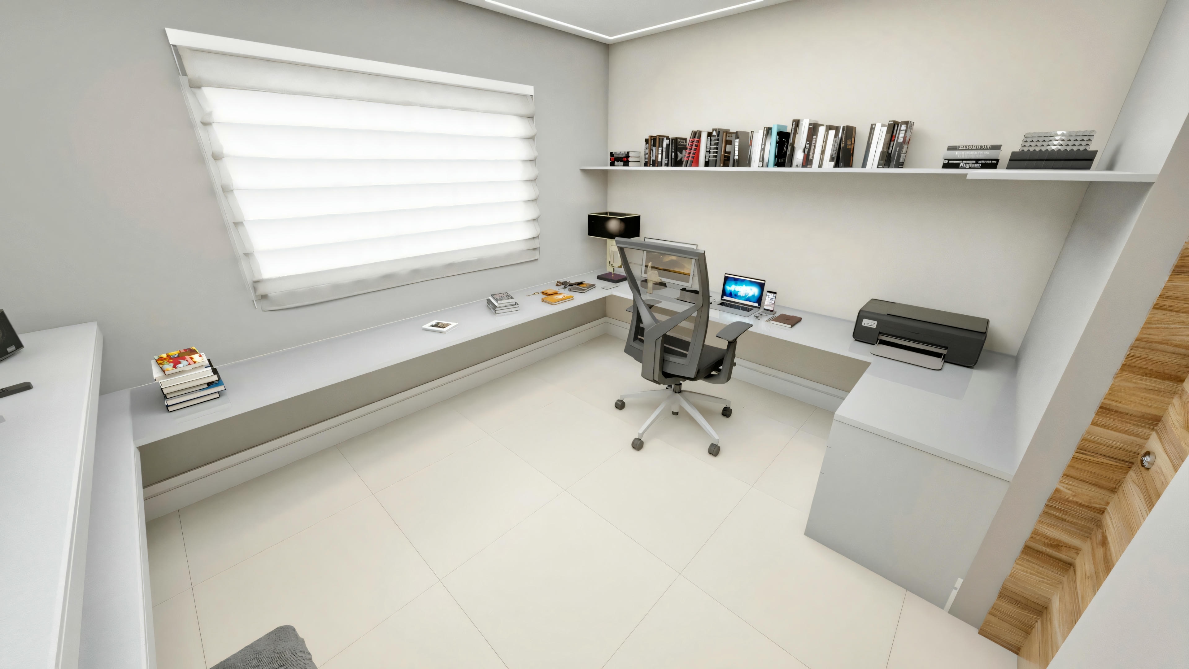 Despacho home office con muebles empotrados, incluyendo escritorio en L, estantería para libros y banco bajo la ventana, parte de proyecto de casa neoclásica moderna.