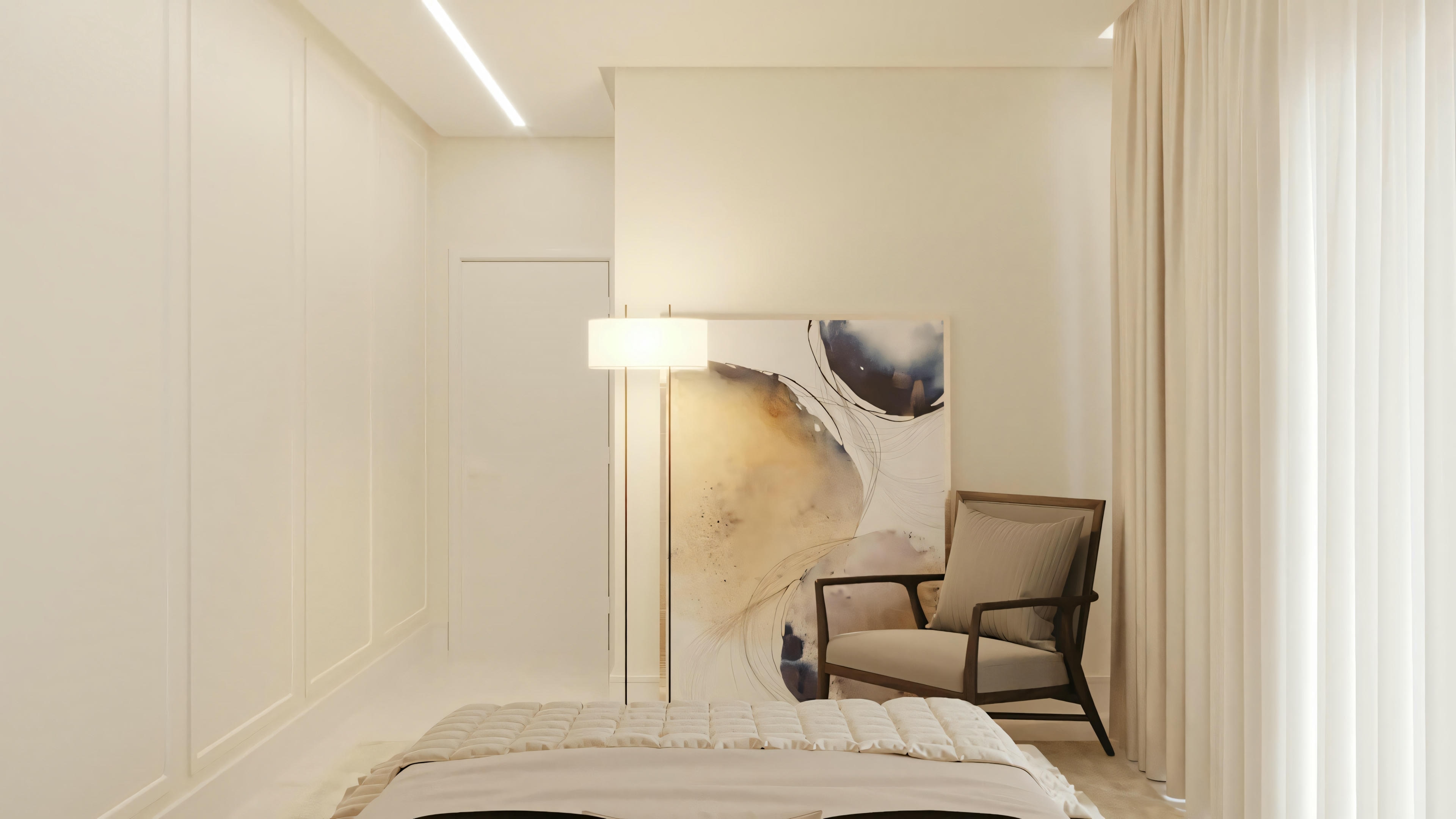 Un dormitorio con iluminación cálida, cama con almohadas y mesita de noche con lámpara.