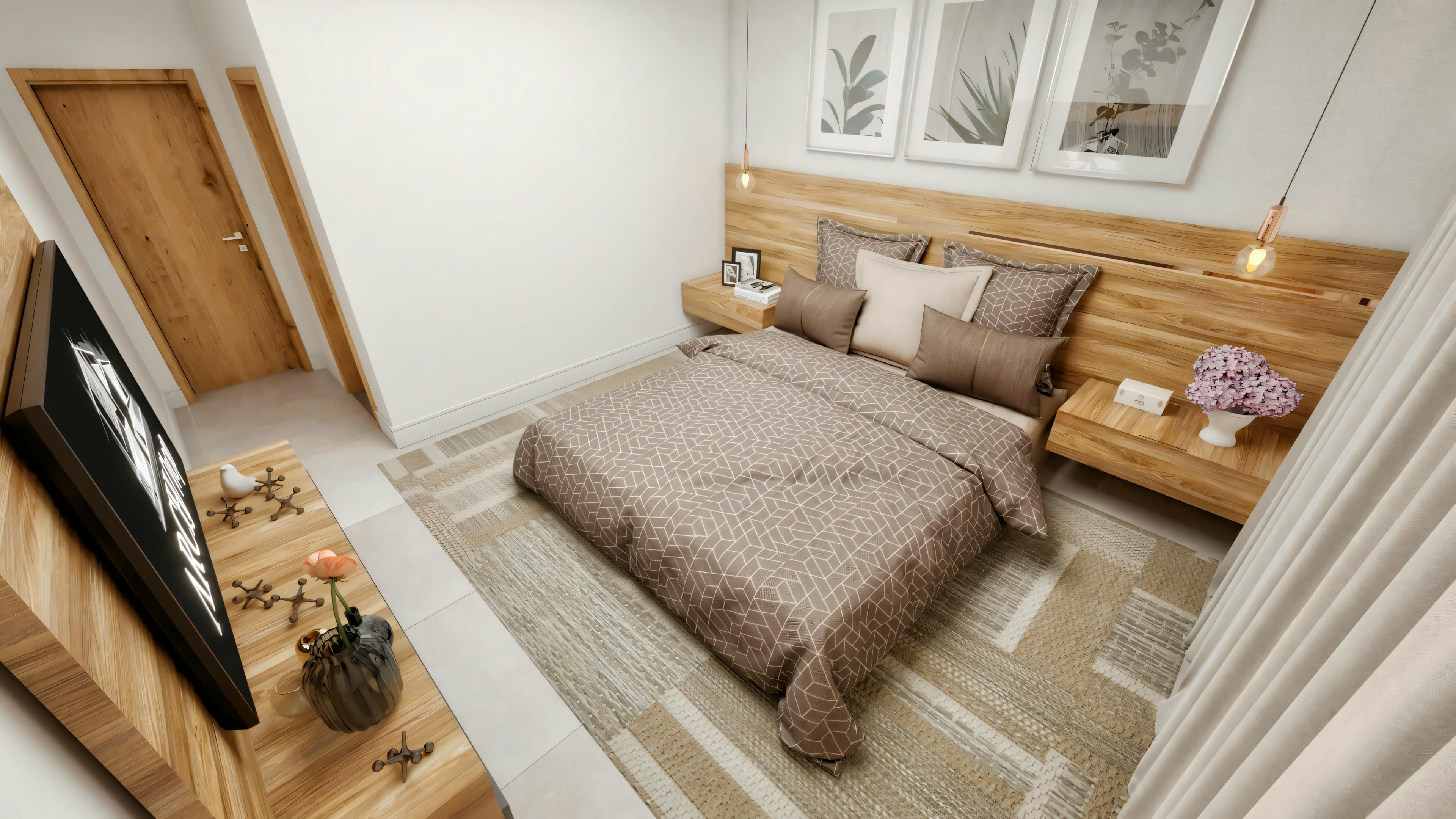 Vista amplia del dormitorio matrimonial (suite) decorado en proyecto de casa de campo con 3 dormitorios, mostrando cama, cabecera de panel, panel de TV de madera, puerta de acceso y decoración moderna.