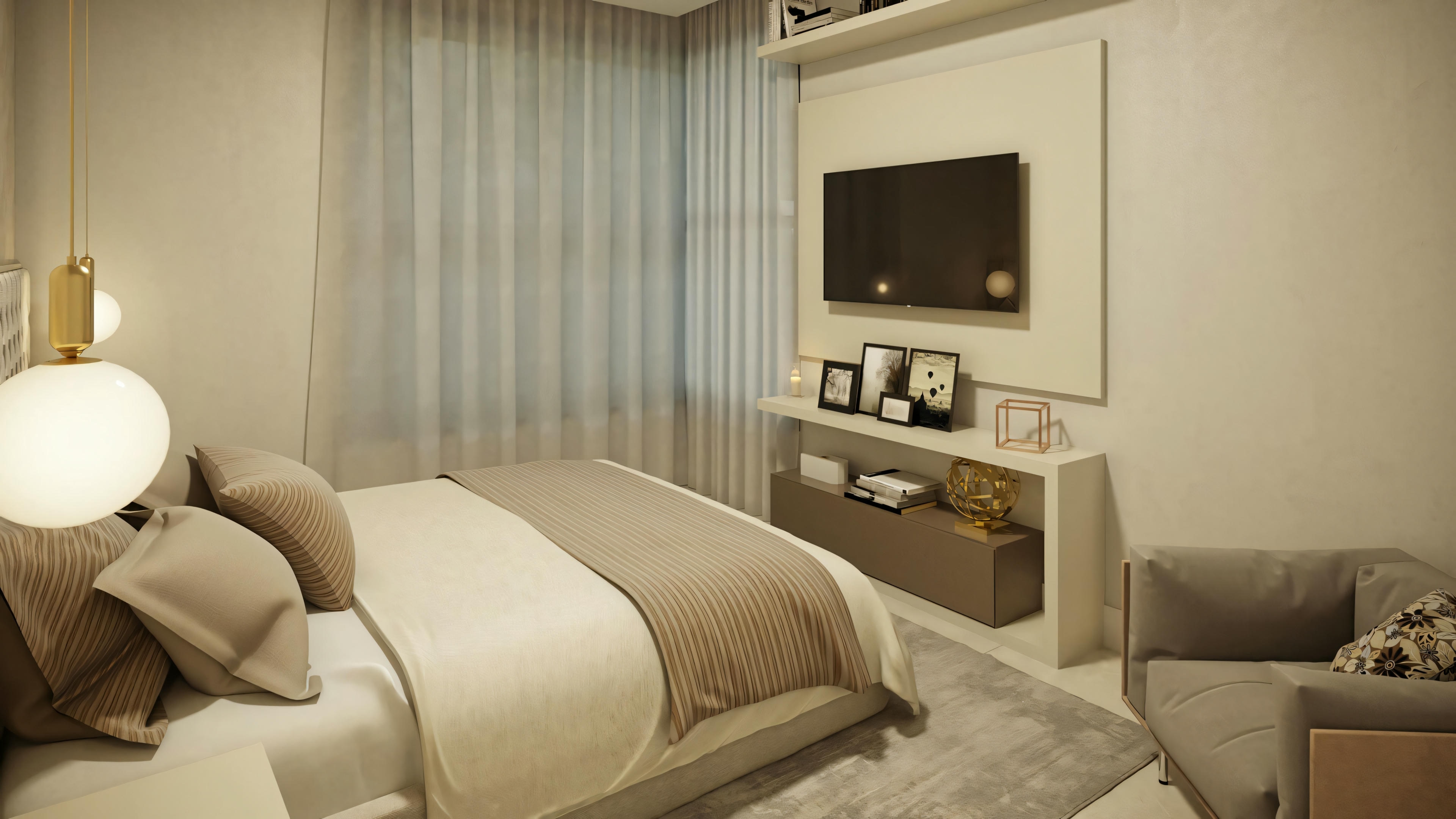 Dormitorio moderno con cama grande, mesitas de noche con lámparas y televisión montada en la pared.