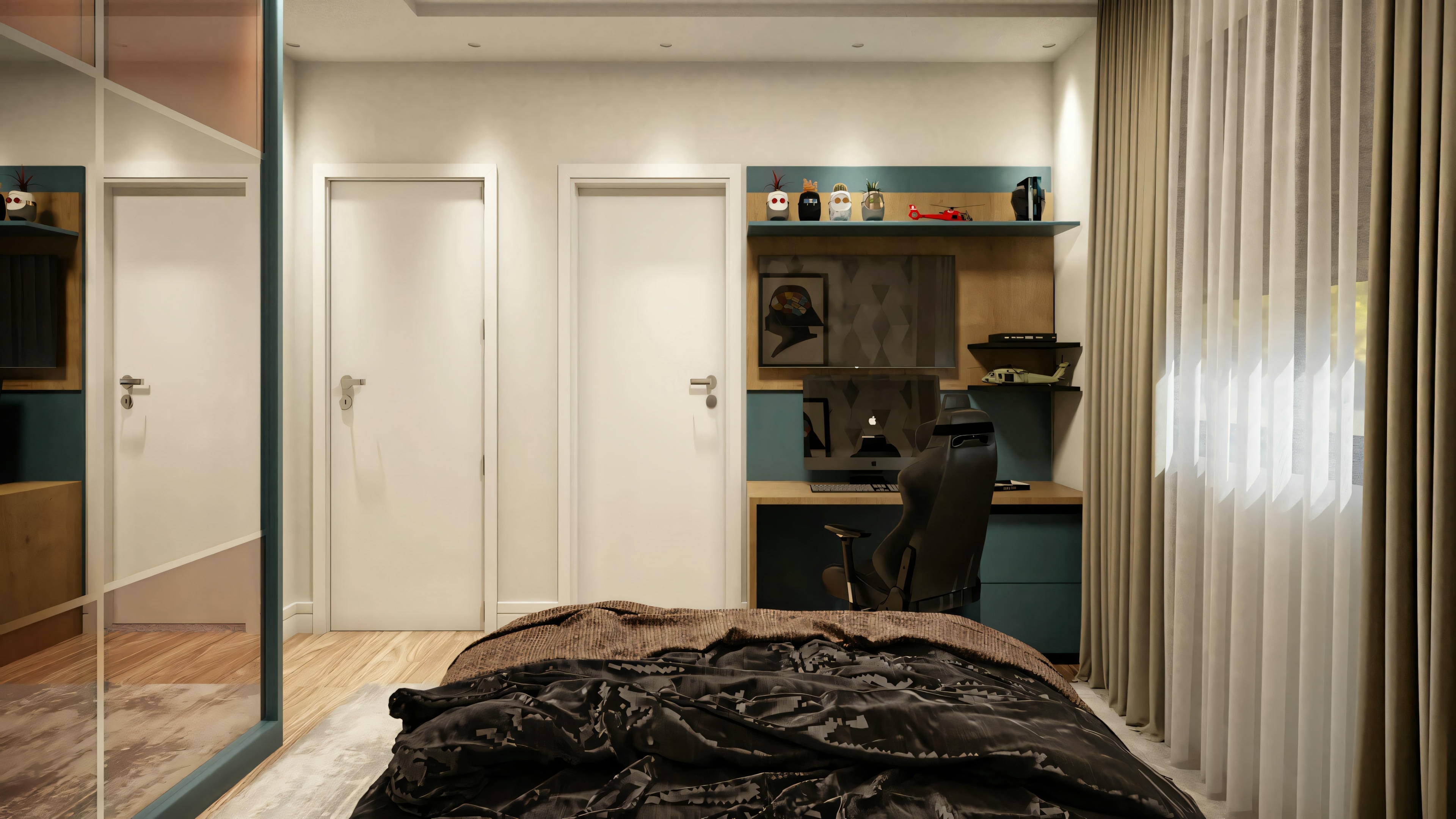 El mismo dormitorio com ropa de cama oscura, iluminación más suave y una vista detallada de las almohadas y el edredón.