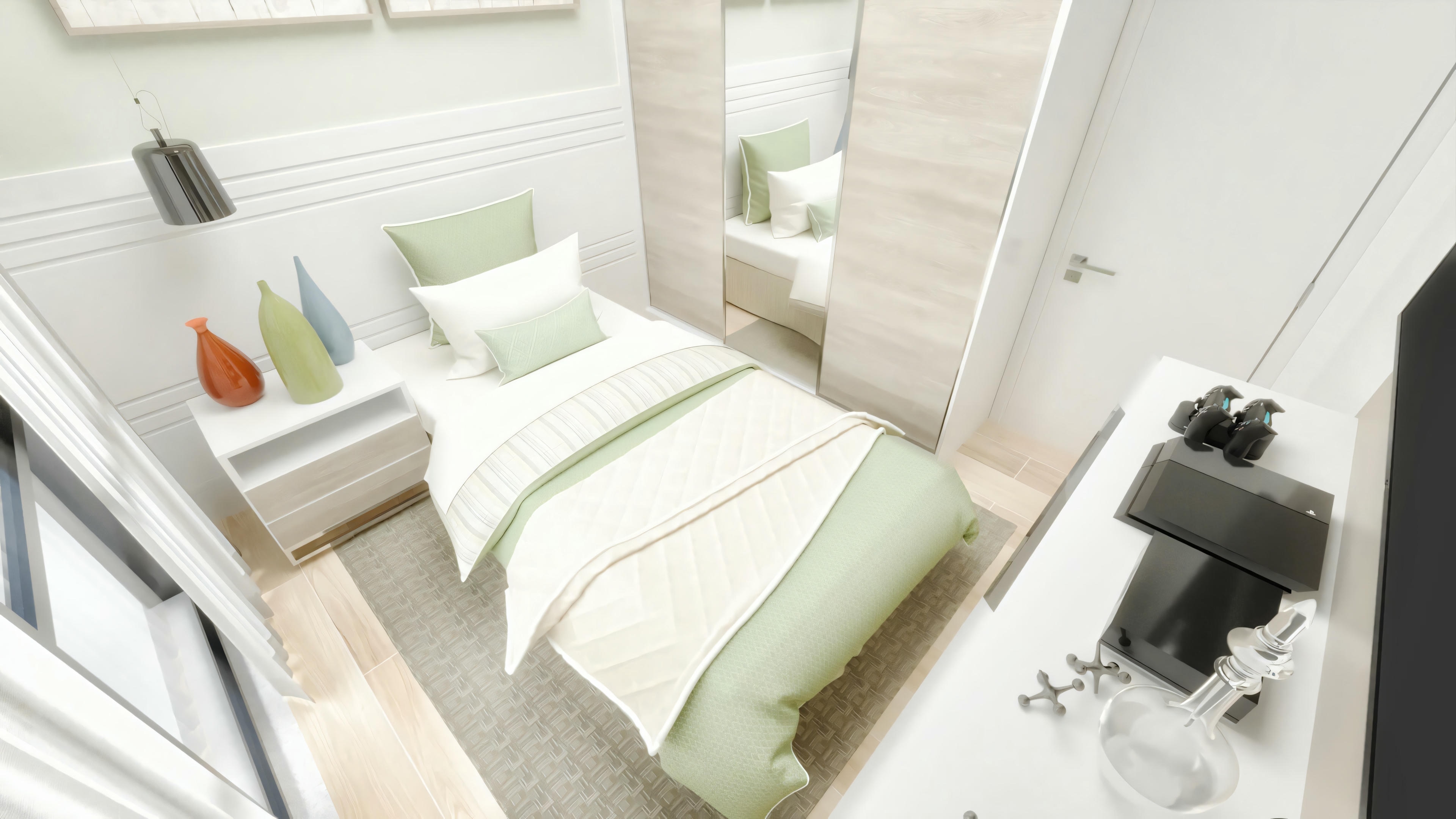Dormitorio moderno con paredes blancas, cama con ropa de cama verde y blanca, escritorio con silla y estantes con libros.