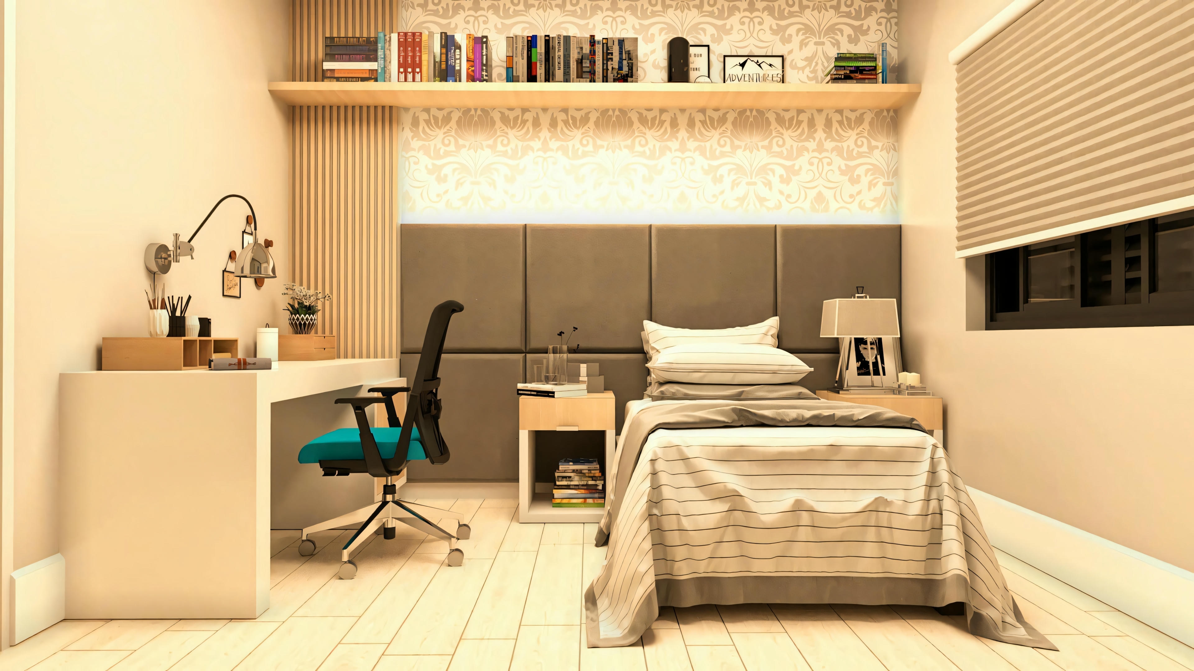 Dormitorio de una de las suites en proyecto de casa de planta baja con 3 suites. El dormitorio cuenta con cama de soltero, cabecera tapizada, bancada para estudios, silla y estantería. Parte de la planta baja de la casa de 276.43m² con 3 suites.