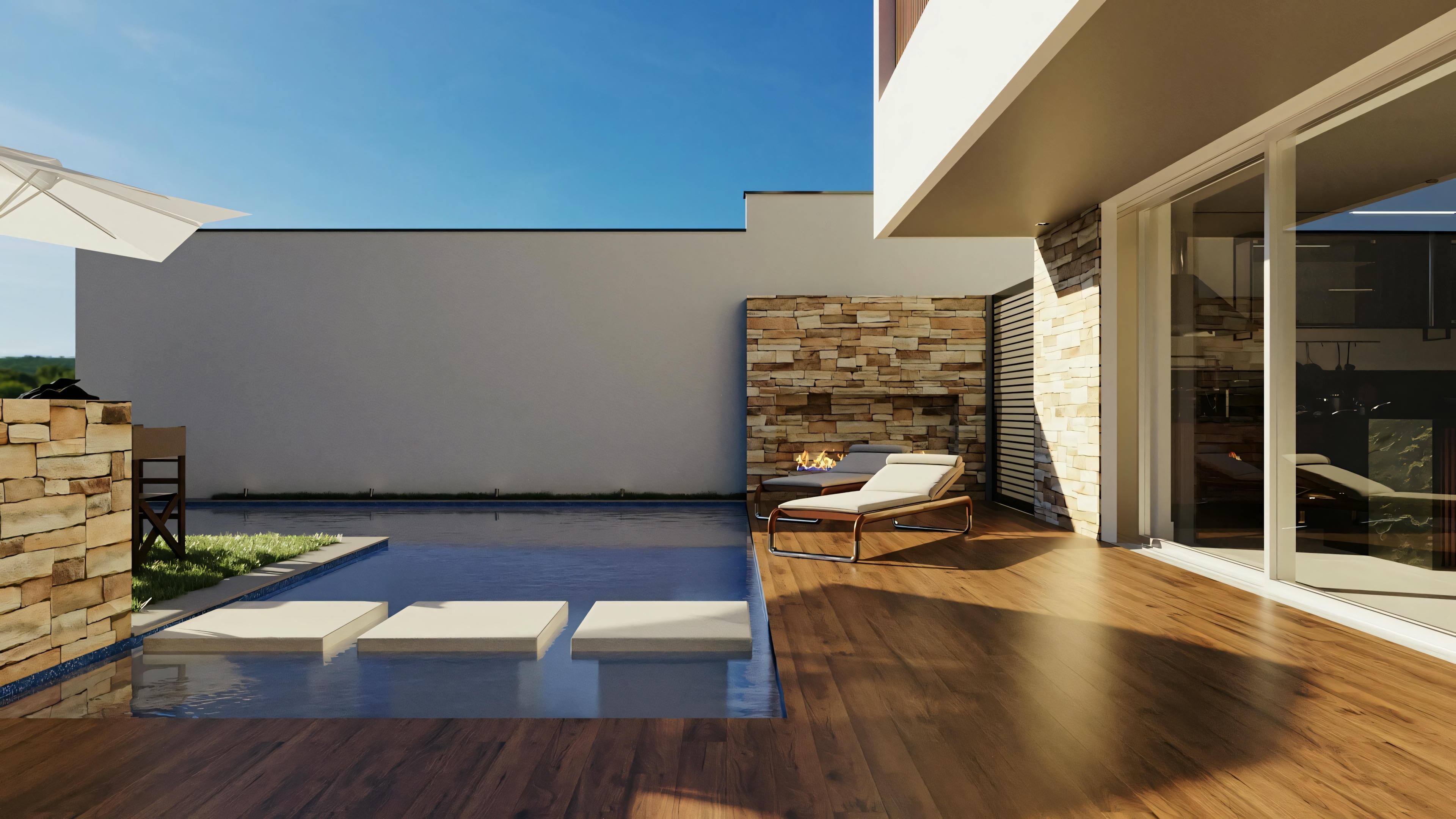 Um edifício moderno com telhado plano, grandes janelas de vidro e uma área externa com piscina e espreguiçadeiras.