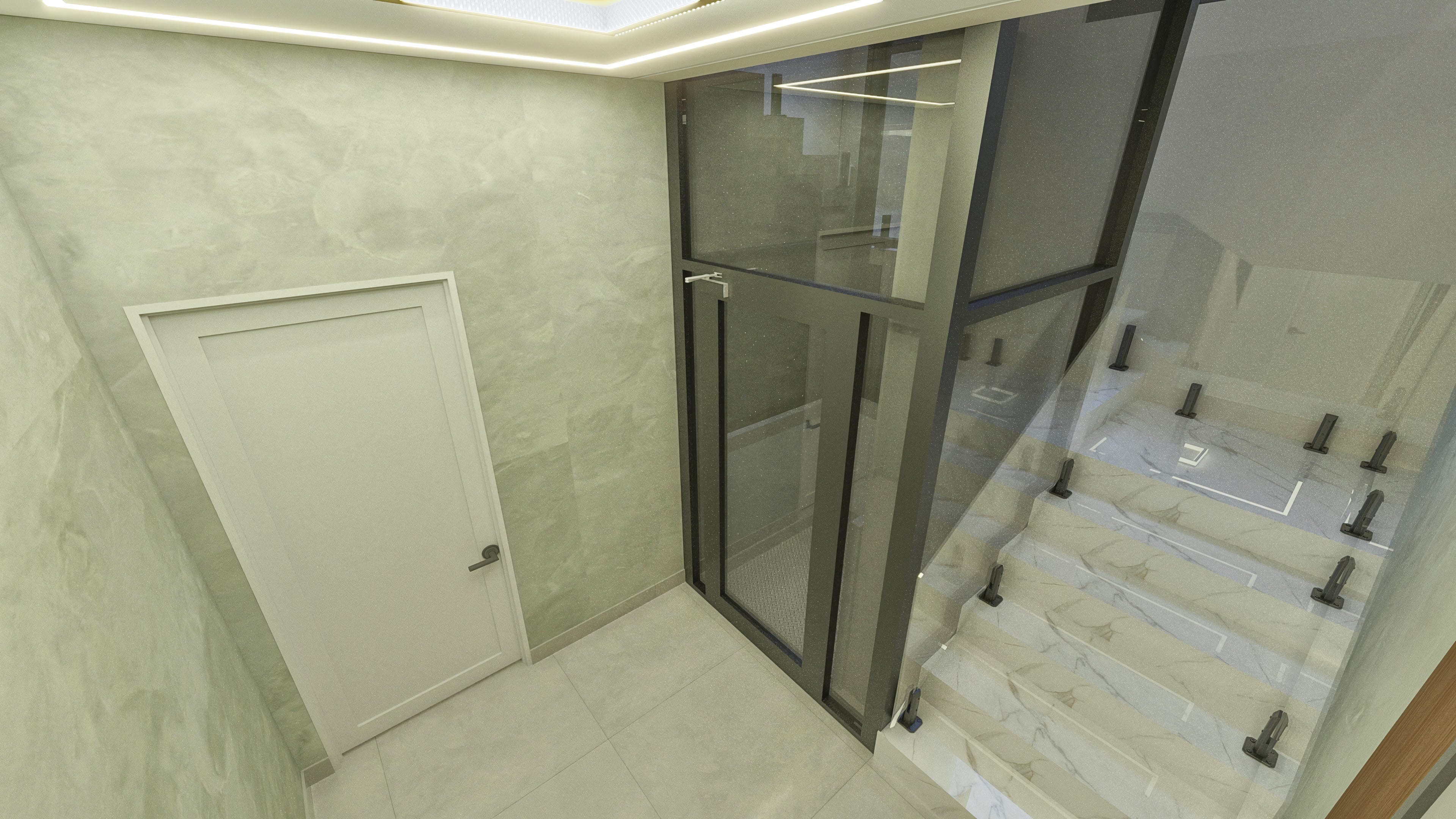 Detalle interior de una casa con escalera moderna, barandilla de cristal y acabados en tonos neutros con textura sutil.