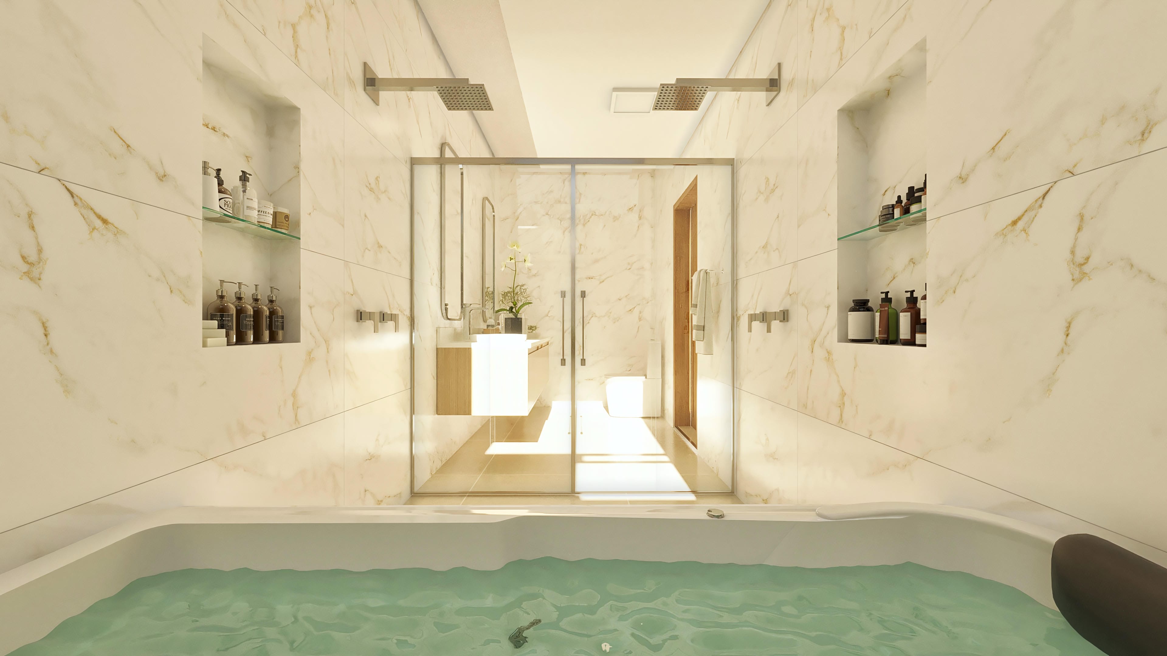 Luxury bathroom environment with a bathtub and double shower. Crema marble cladding, glass box, and niches with hygiene products.