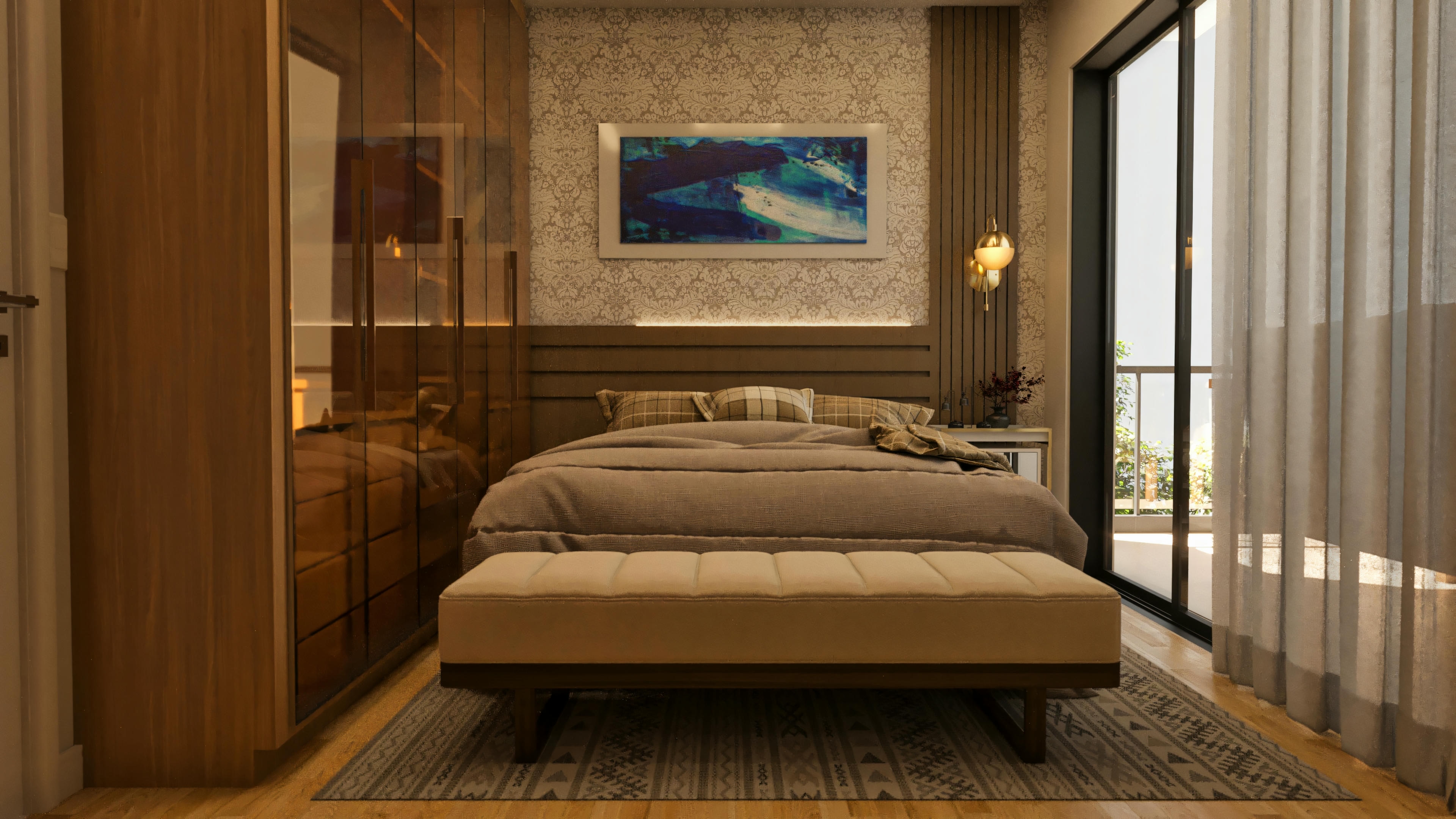 Elegant master suite bedroom in a luxury house project with 4 suites, featuring a bed, upholstered footboard bench, smoked glass door wardrobe, decorative wallpaper, painting, and balcony access with glass door.