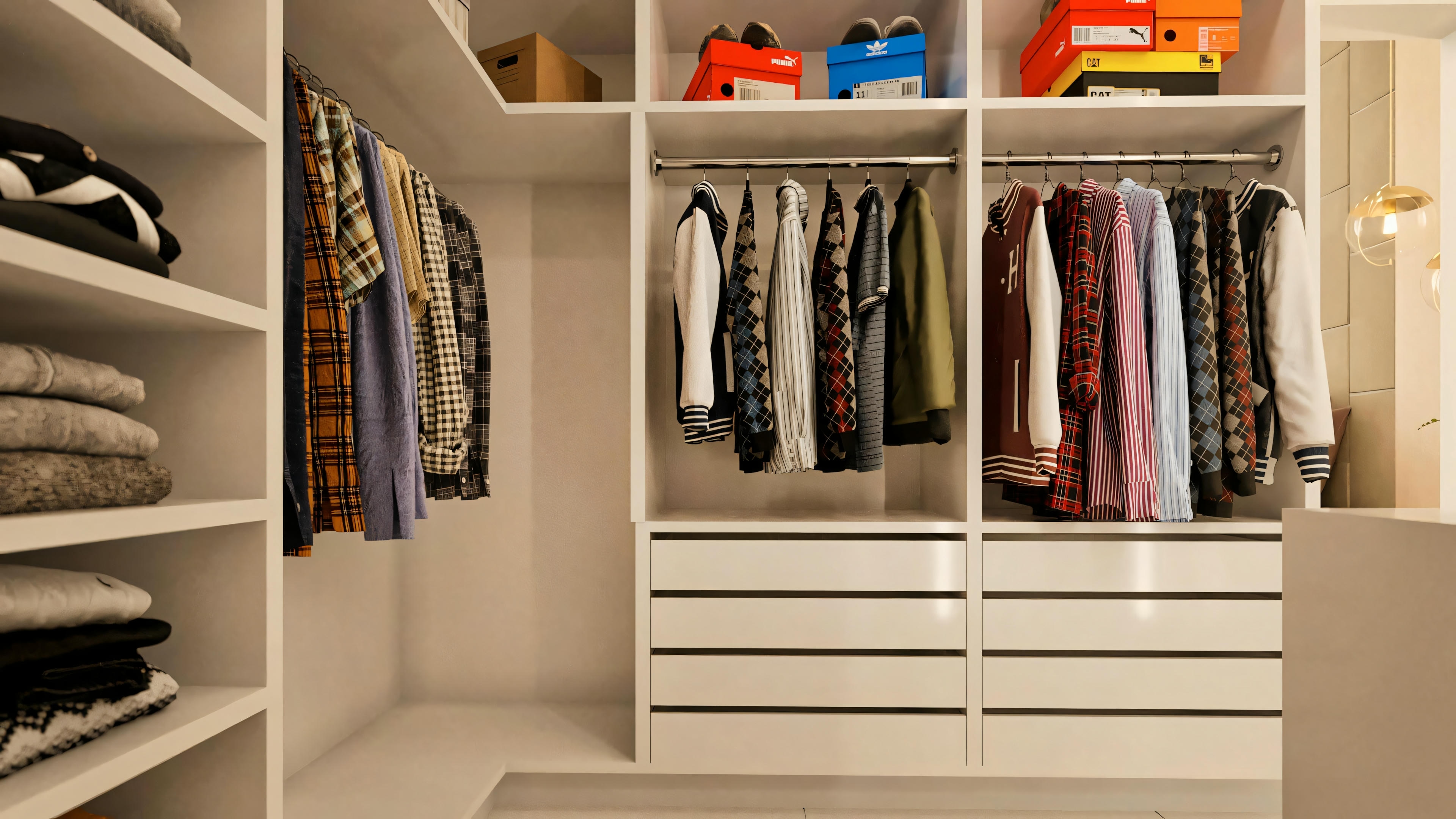 Detail of the internal organization of the master suite closet in the ranch house. Shows compartments with hanger rods, white drawers, and shelves for clothes and boxes.