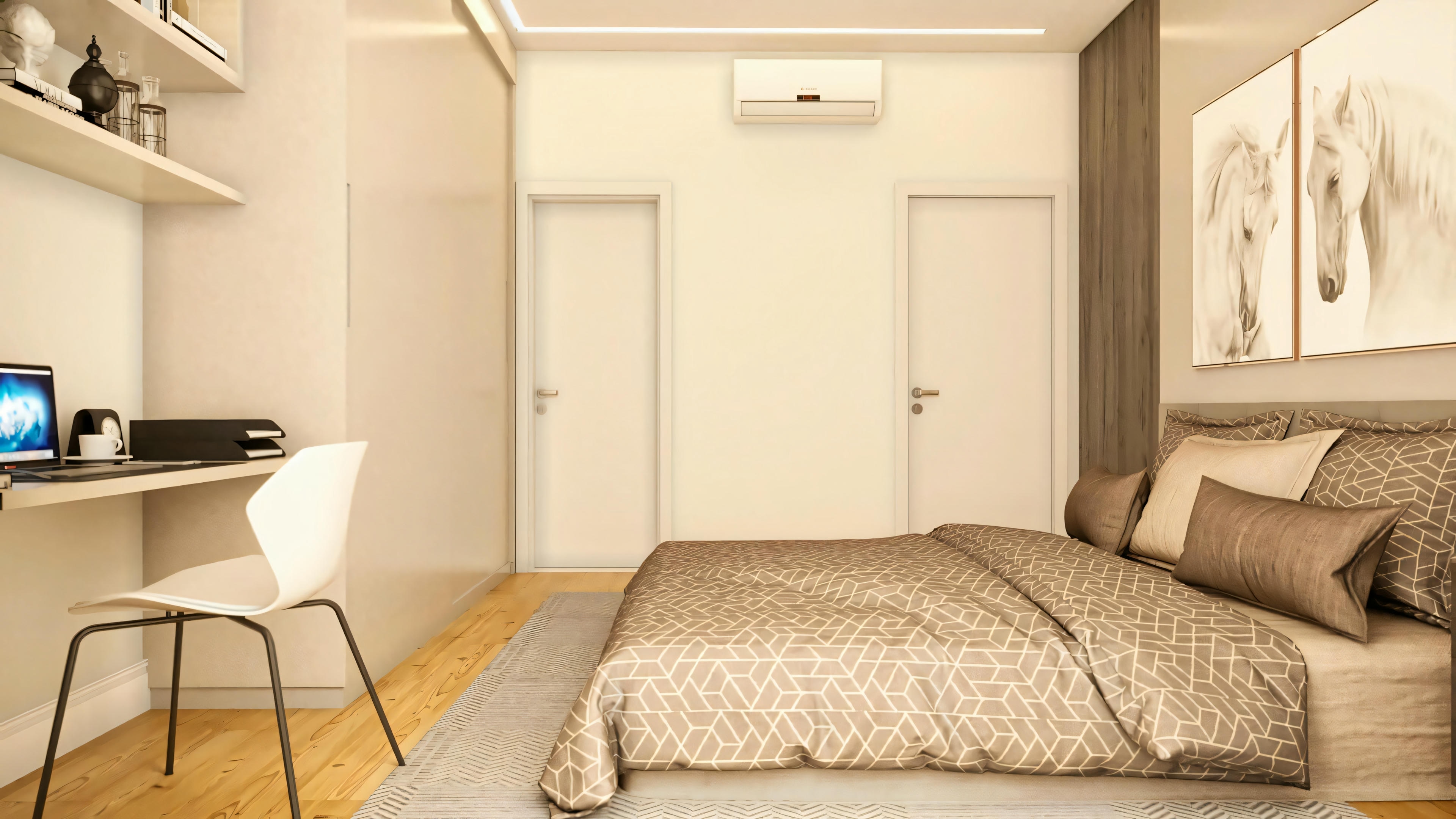 Master suite bedroom of the 330m² two-story house architectural project, with a dark wood panel on the bed wall, a study nook with a white chair and laptop on the left, and two white doors with a split air conditioning unit on the opposite wall.