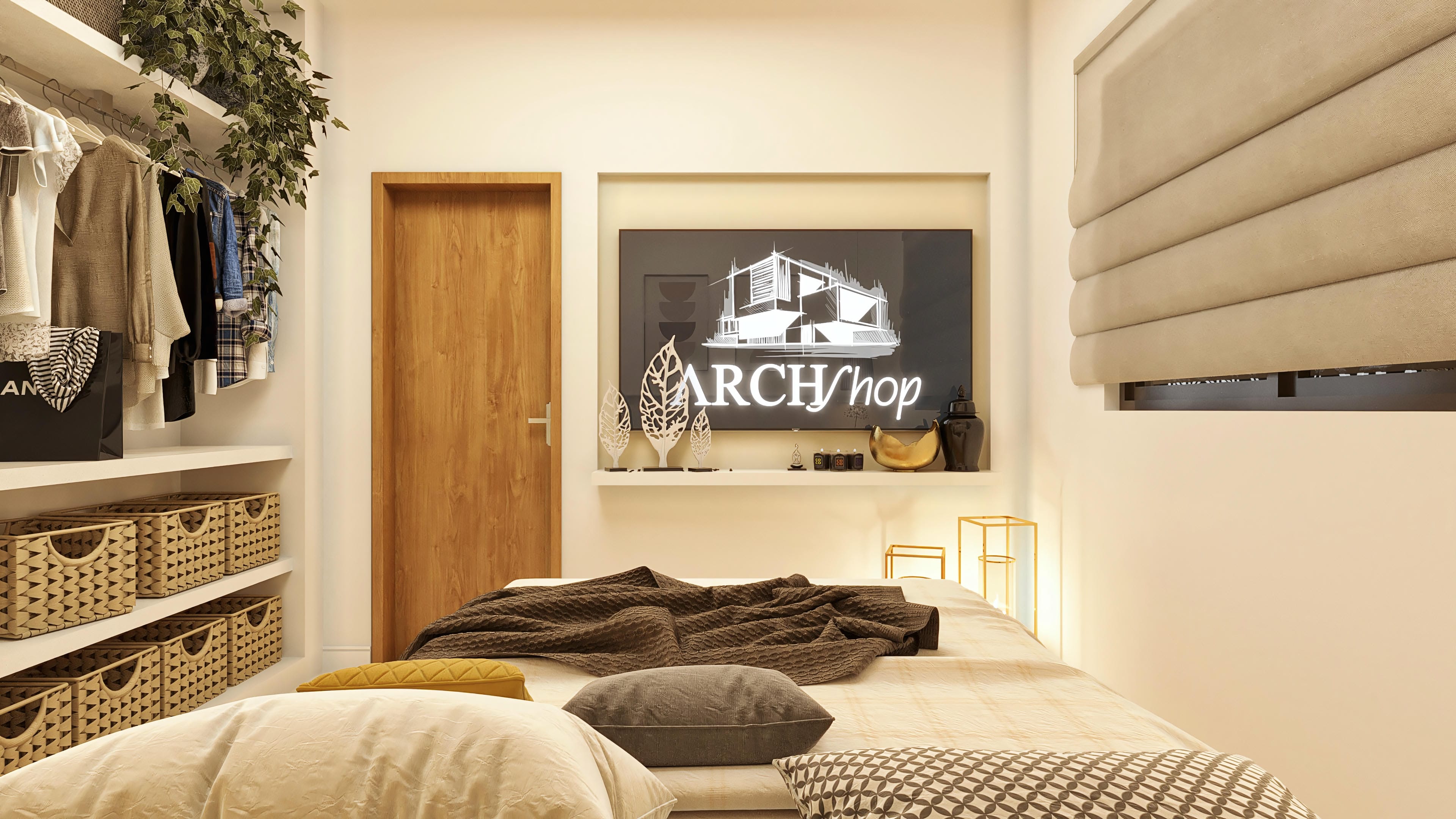 Interior of a bedroom decorated with a closet and bed, featuring neutral tones, open cabinets with clothes, straw basketry, and a TV displaying architectural art.