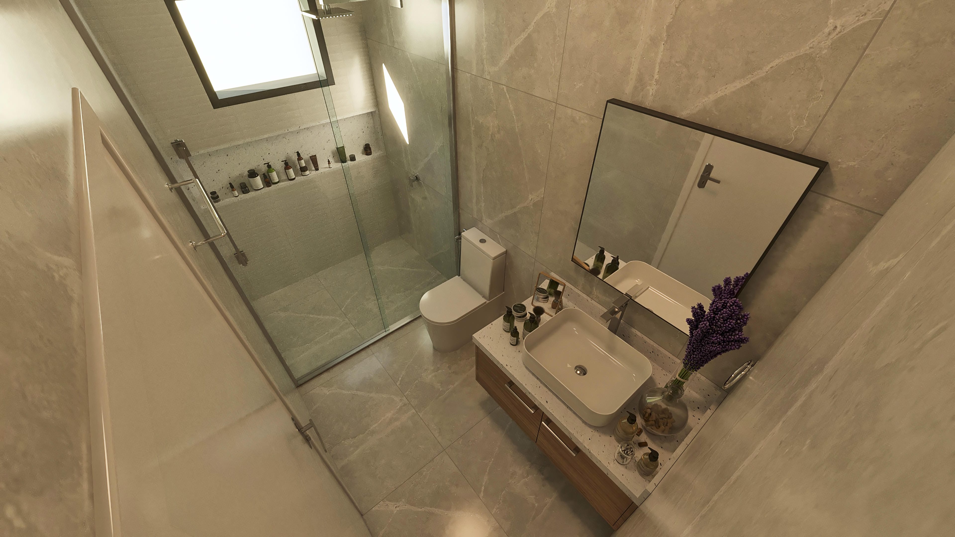 Detail of a modern bathroom with tempered glass enclosure, wall-hung toilet, countertop with vessel sink, and rectangular mirror.
