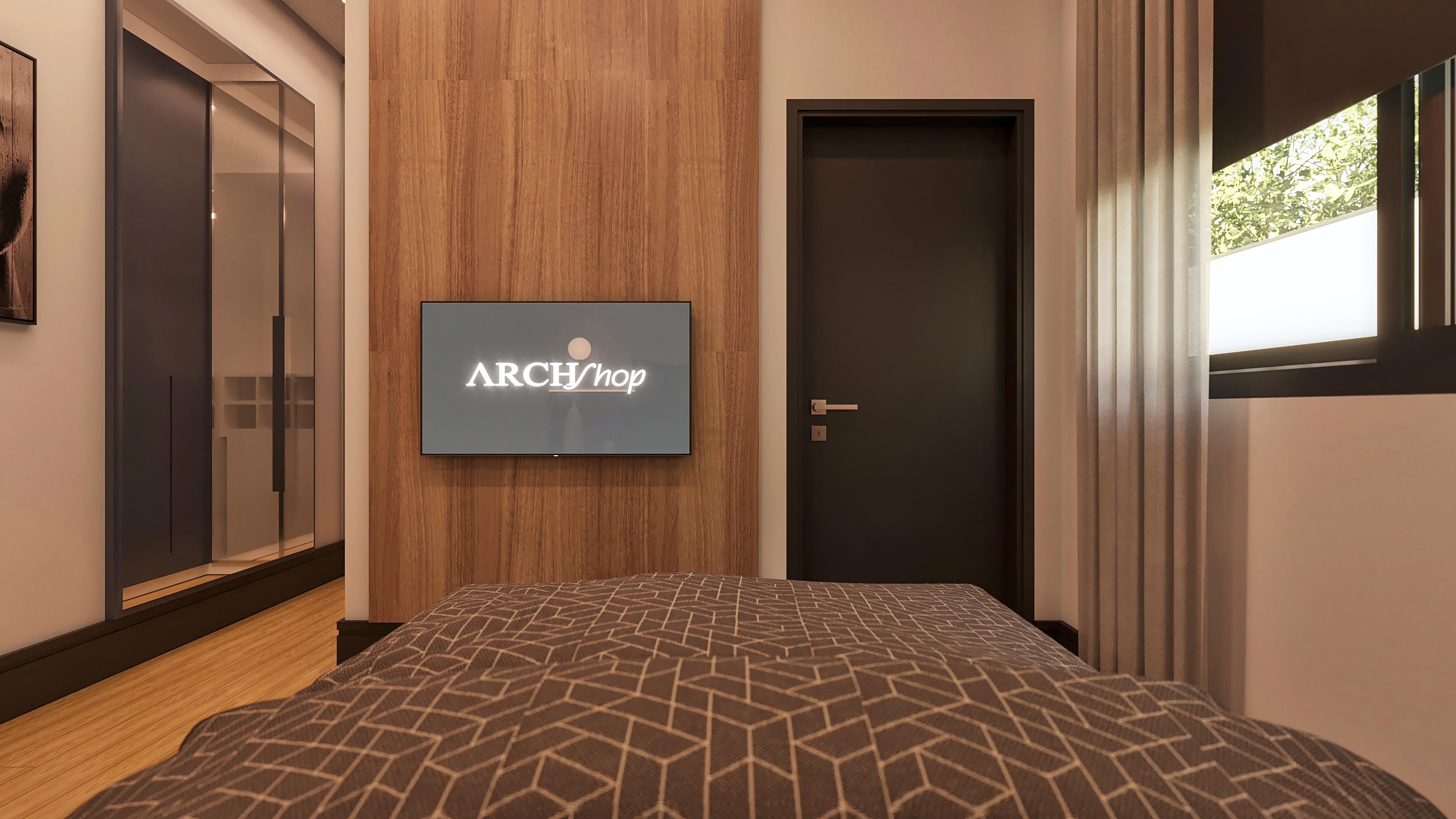 Interior of a modern bedroom with a wall clad in slatted wood, a closet with mirrored doors, and light wood flooring. The lighting is soft and highlights the details.