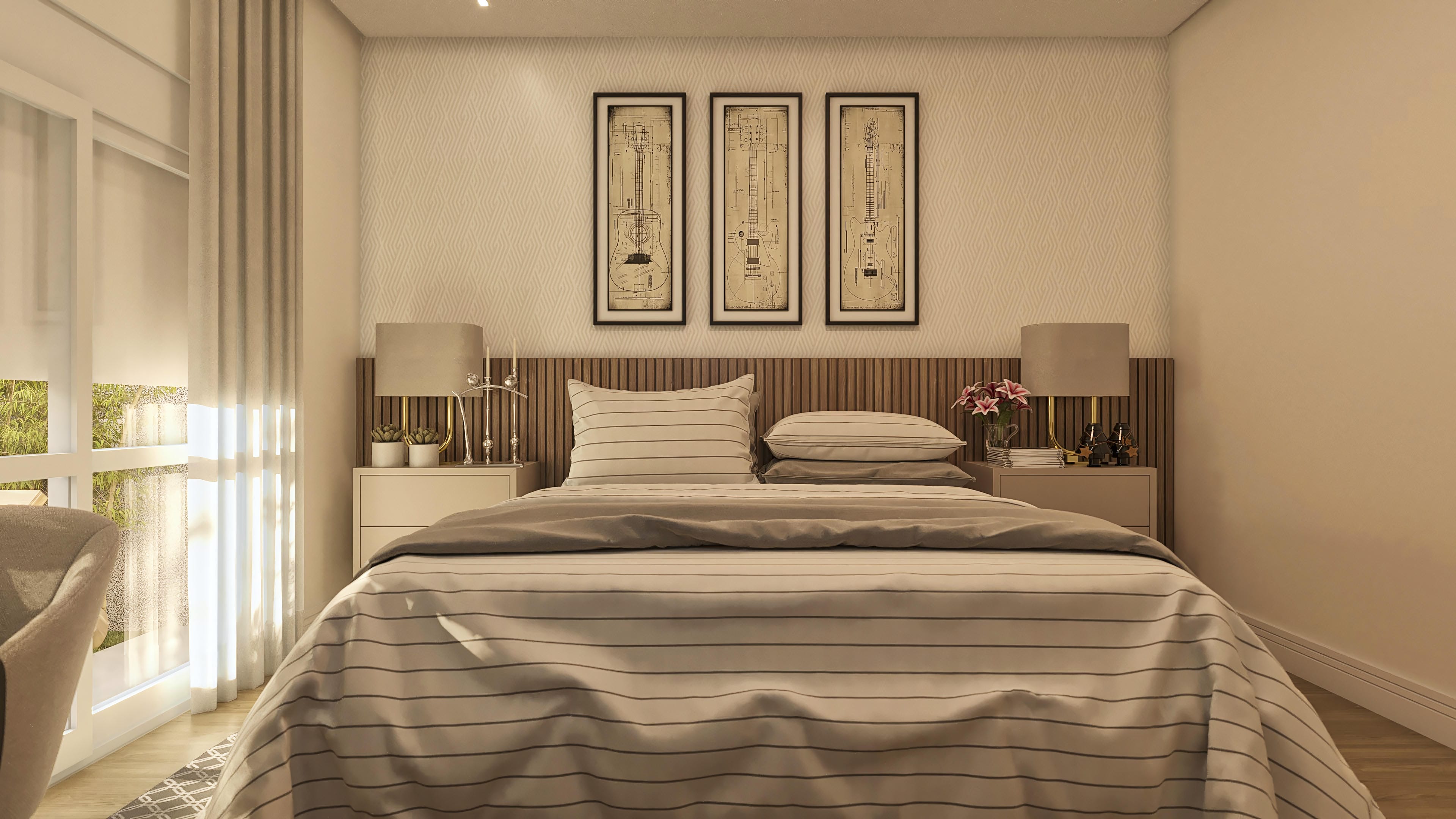 Main bedroom with double bed, slatted wood headboard, bedside tables, soft lighting, and abstract artworks.