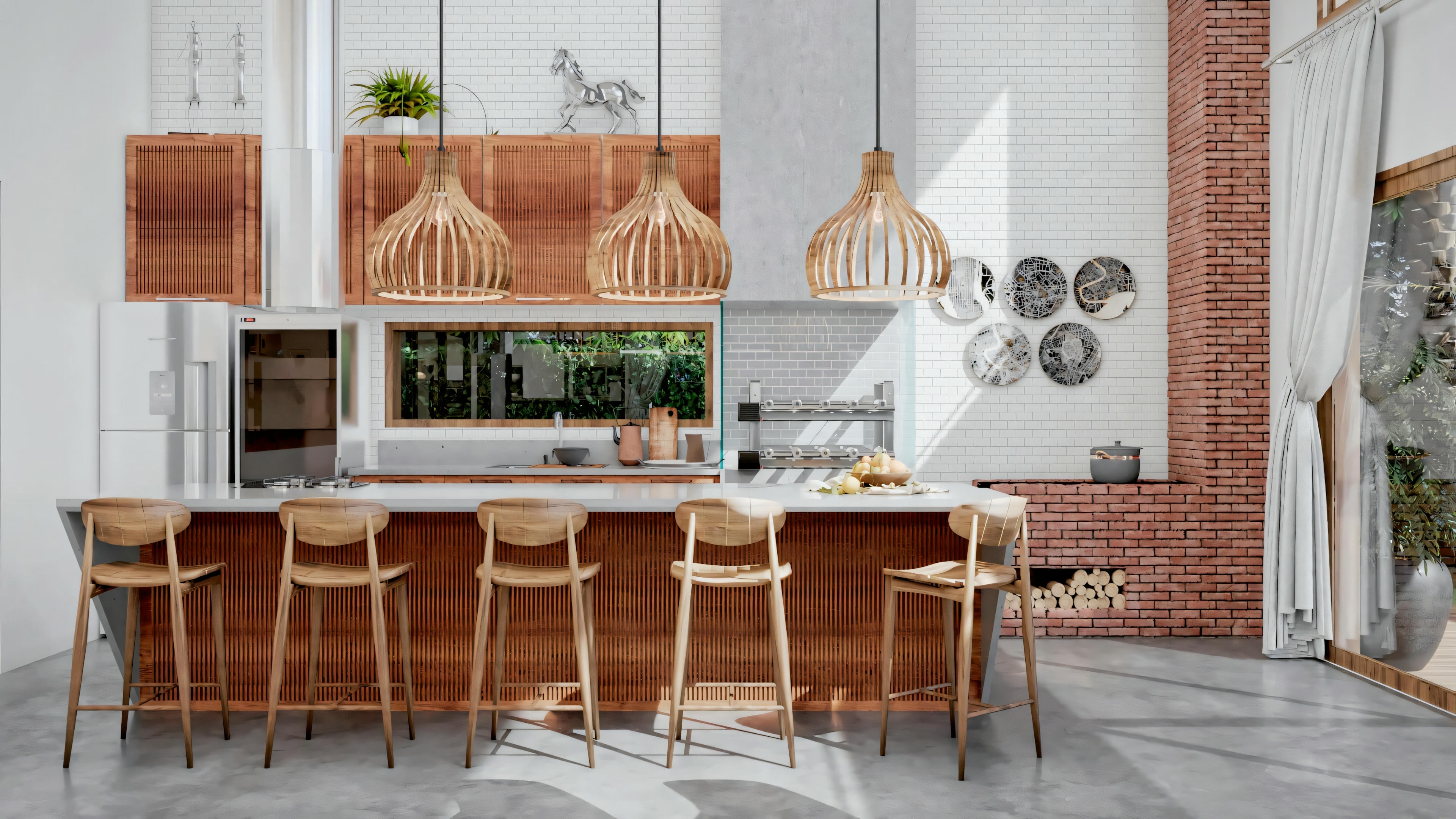 Indoor kitchen with dining area, featuring modern furniture, pendant lights, and a series of windows allowing plenty of natural light.