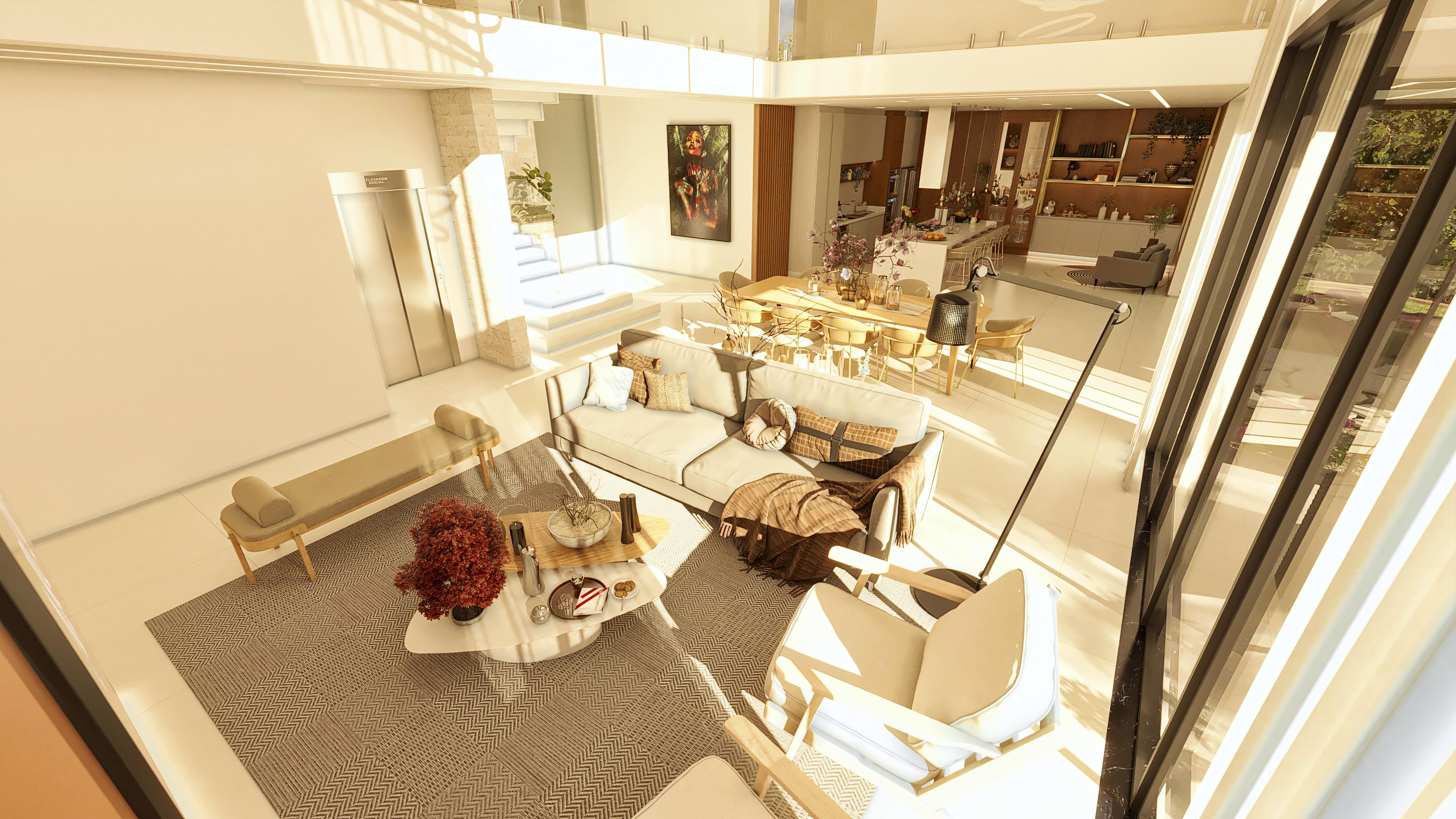 Interior of a modern two-story house with double-height ceilings, a large living area with a linen sofa, marble coffee table, and wooden chairs.